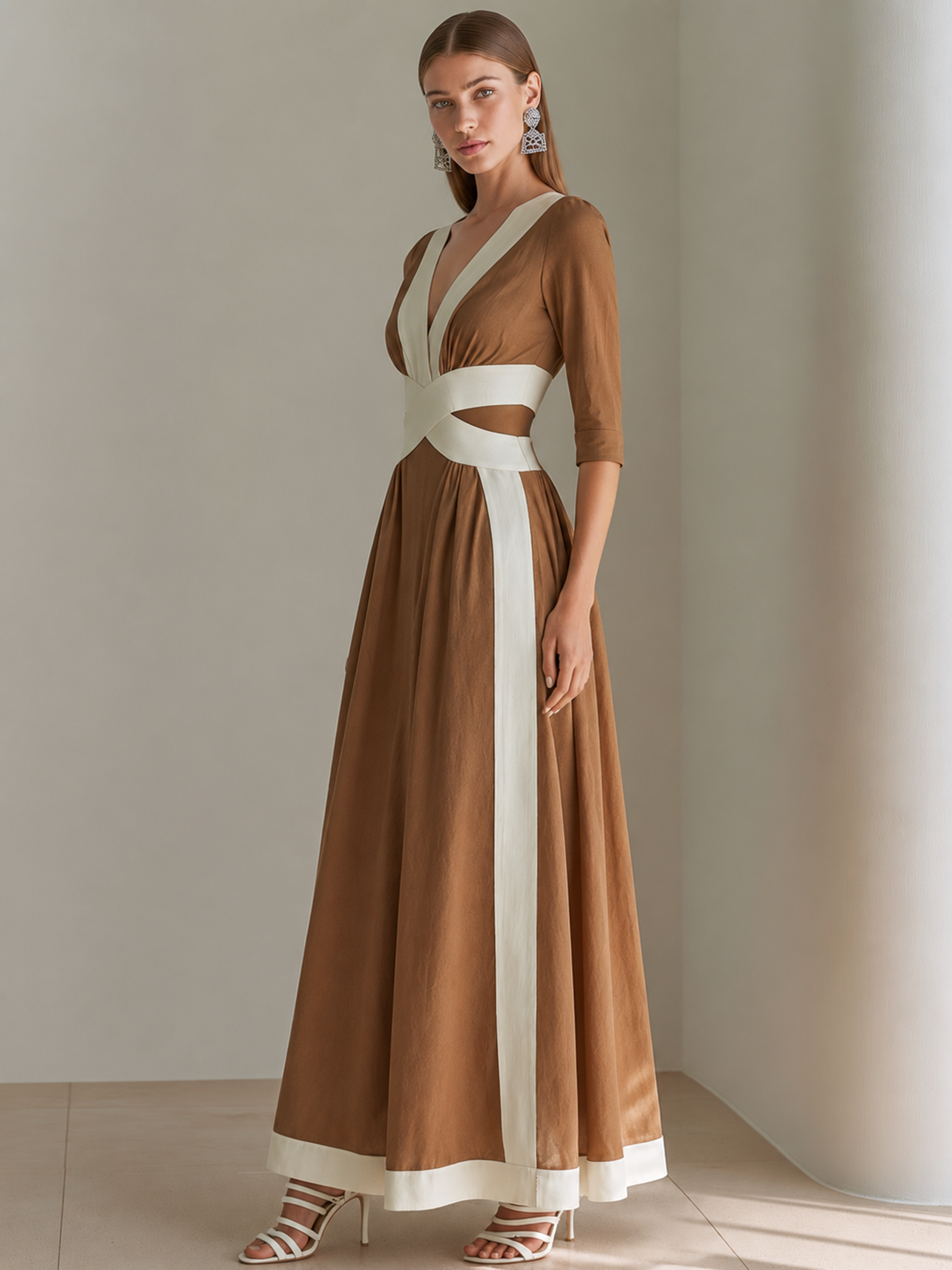 Caramel & White Cross Belt V-Neck Midi Maxi Dress With Elbow Sleeves