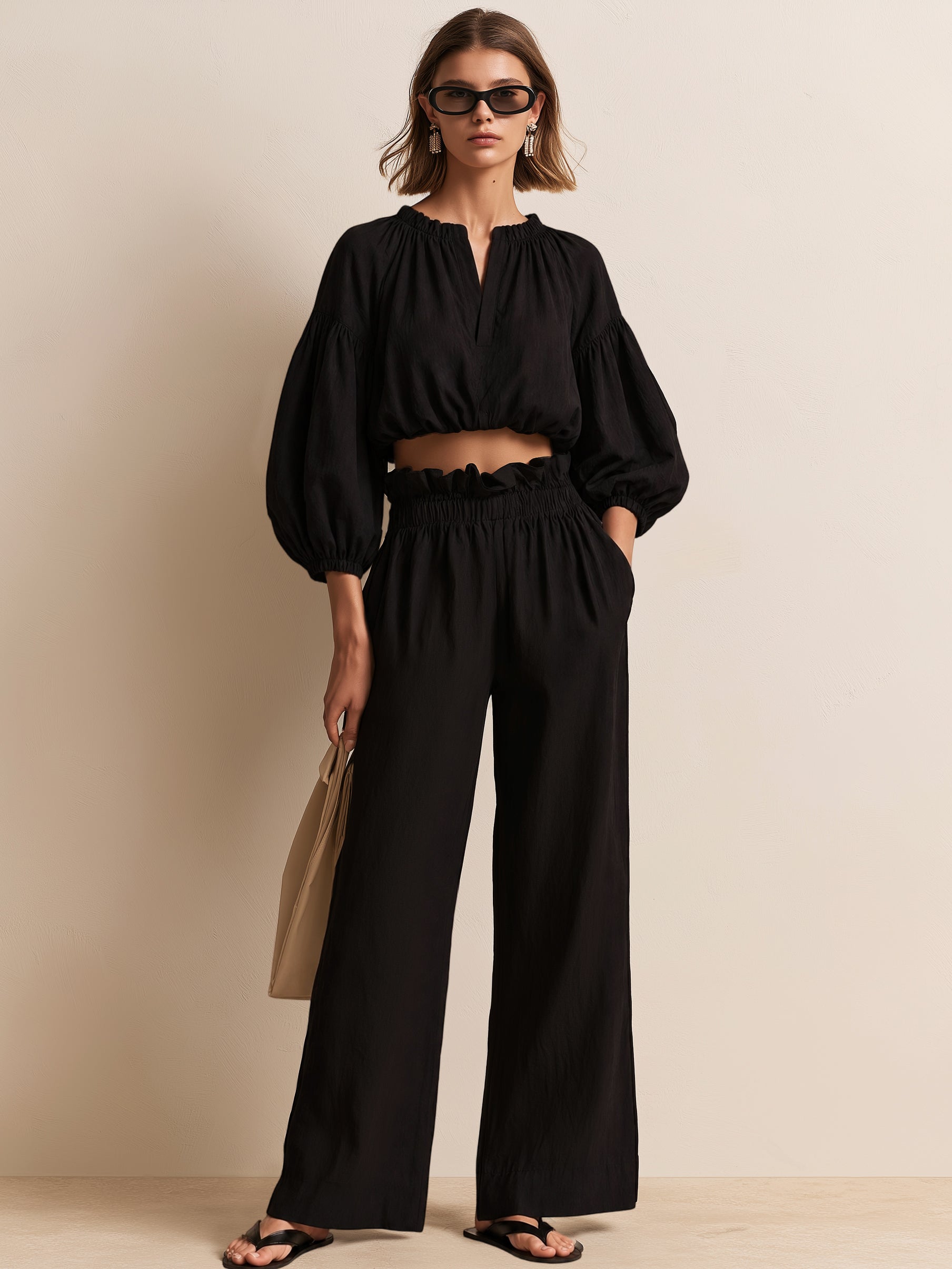 Elegant 3/4 Sleeve Ruffle Blouse & Wide-Leg Trousers Set