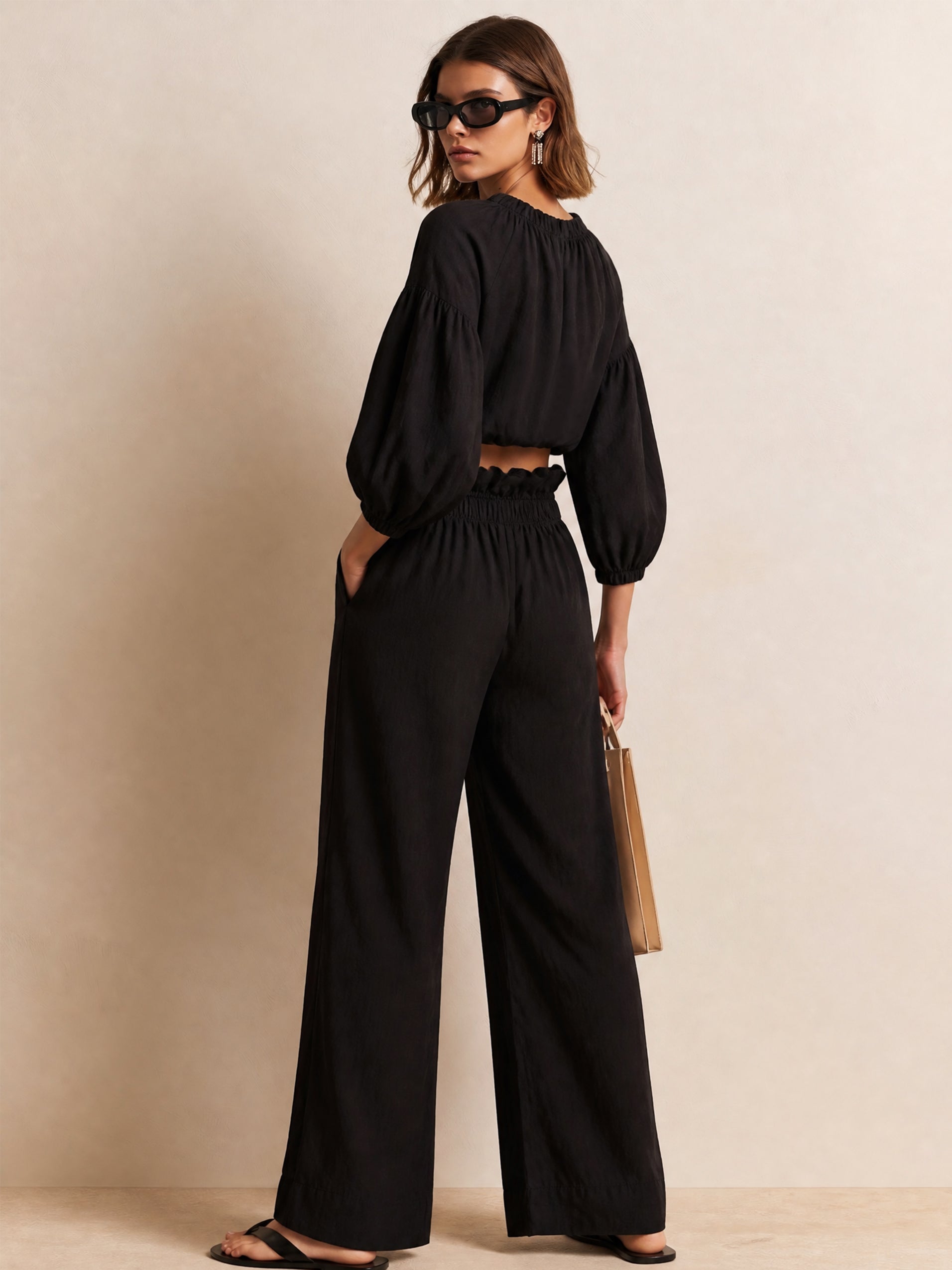 Elegant 3/4 Sleeve Ruffle Blouse & Wide-Leg Trousers Set
