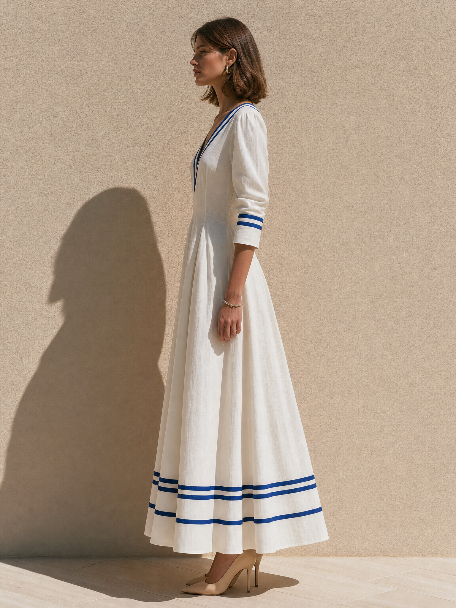 White Linen Maxi Skirt With Blue Stripes.