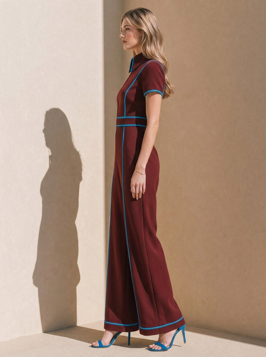 Red And Blue Color-blocked Linen Jumpsuit With Blue Piping