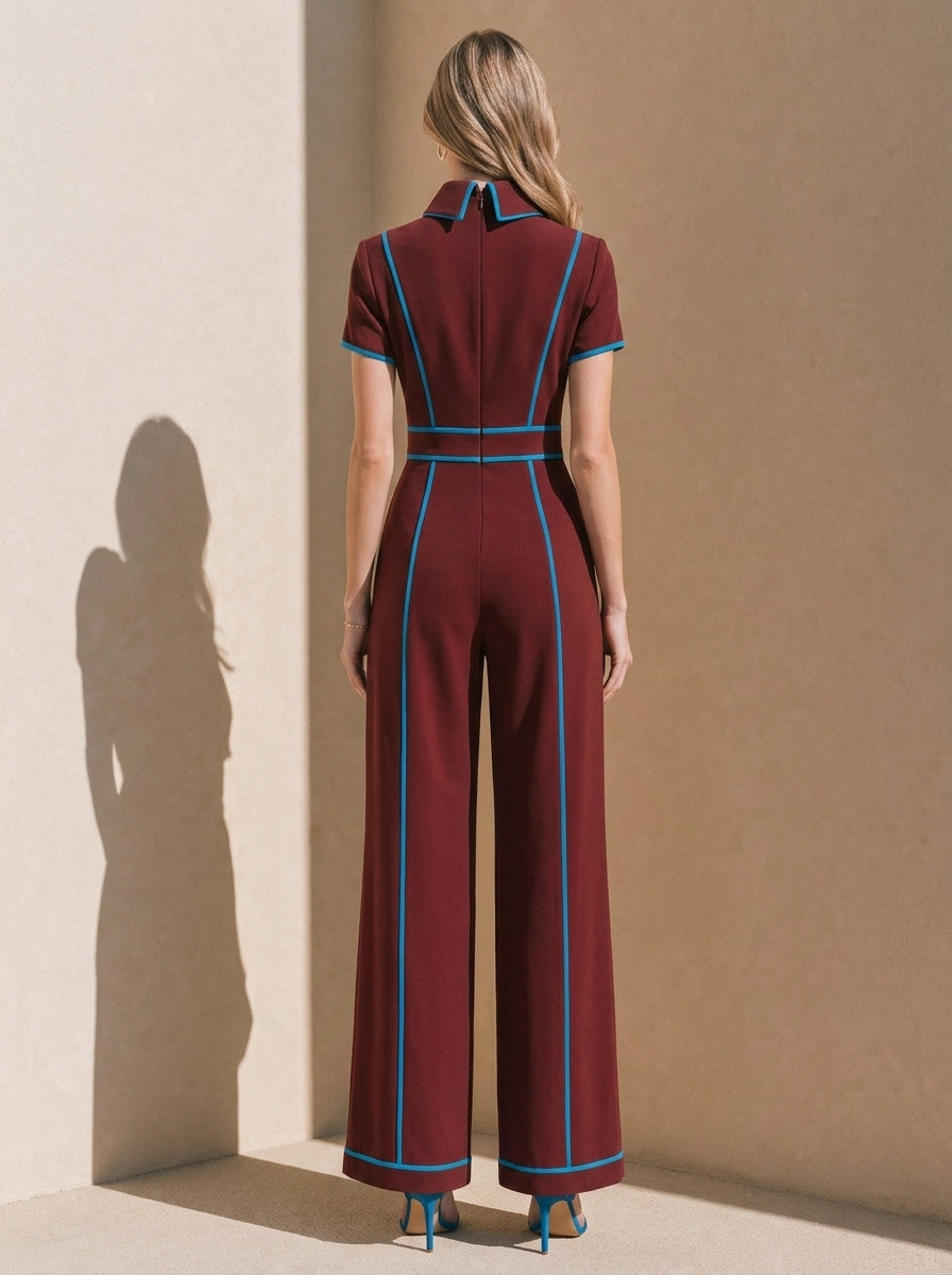 Red And Blue Color-blocked Linen Jumpsuit With Blue Piping