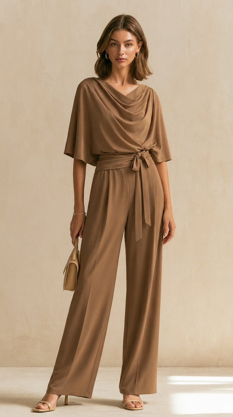 Brown Linen Set With A Cowl Neck