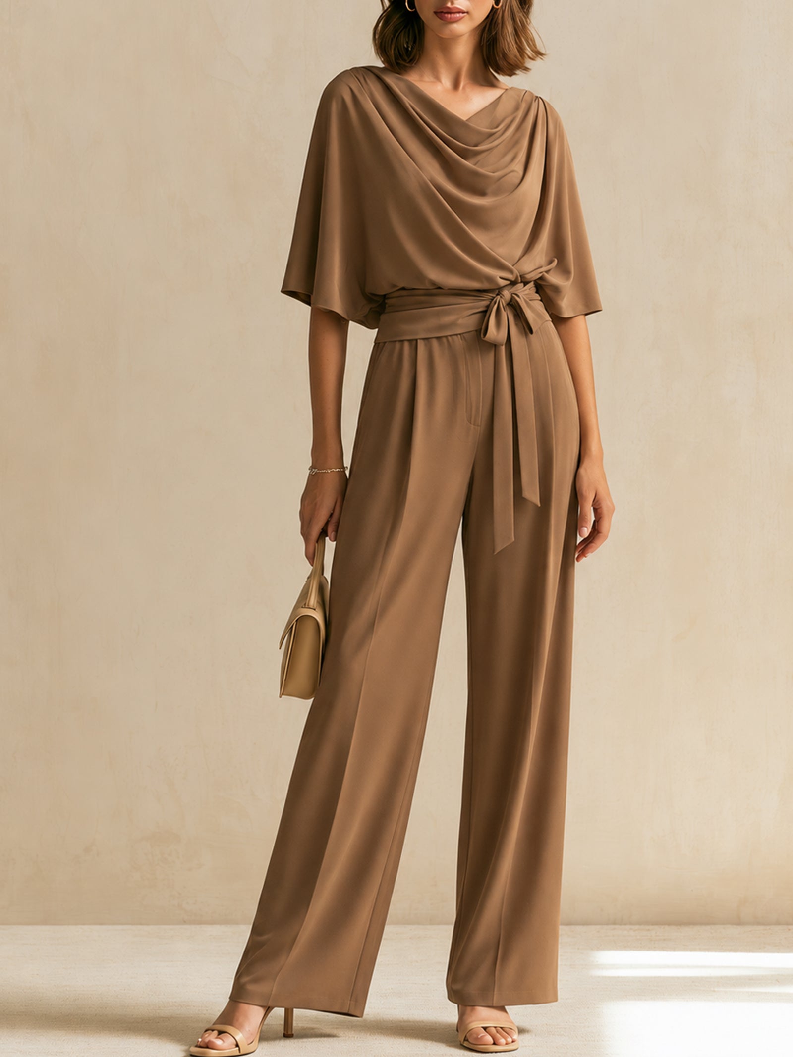 Brown Linen Set With A Cowl Neck