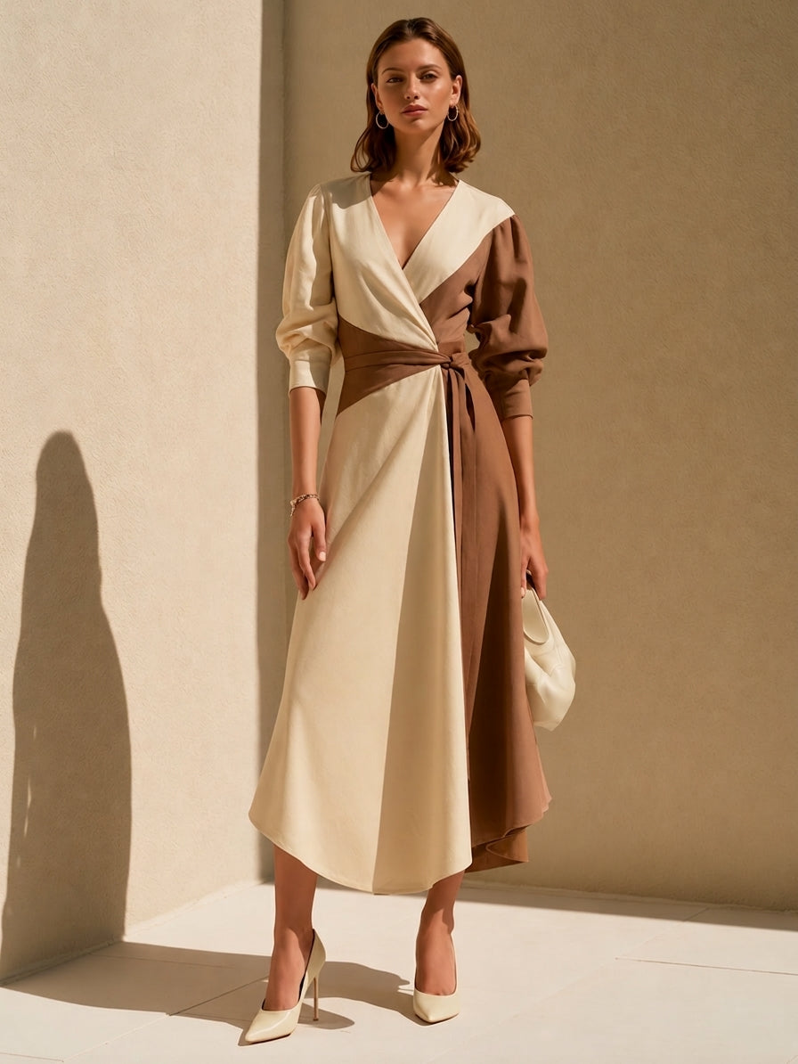 White And Brown Color-block V-neck Maxi Dress