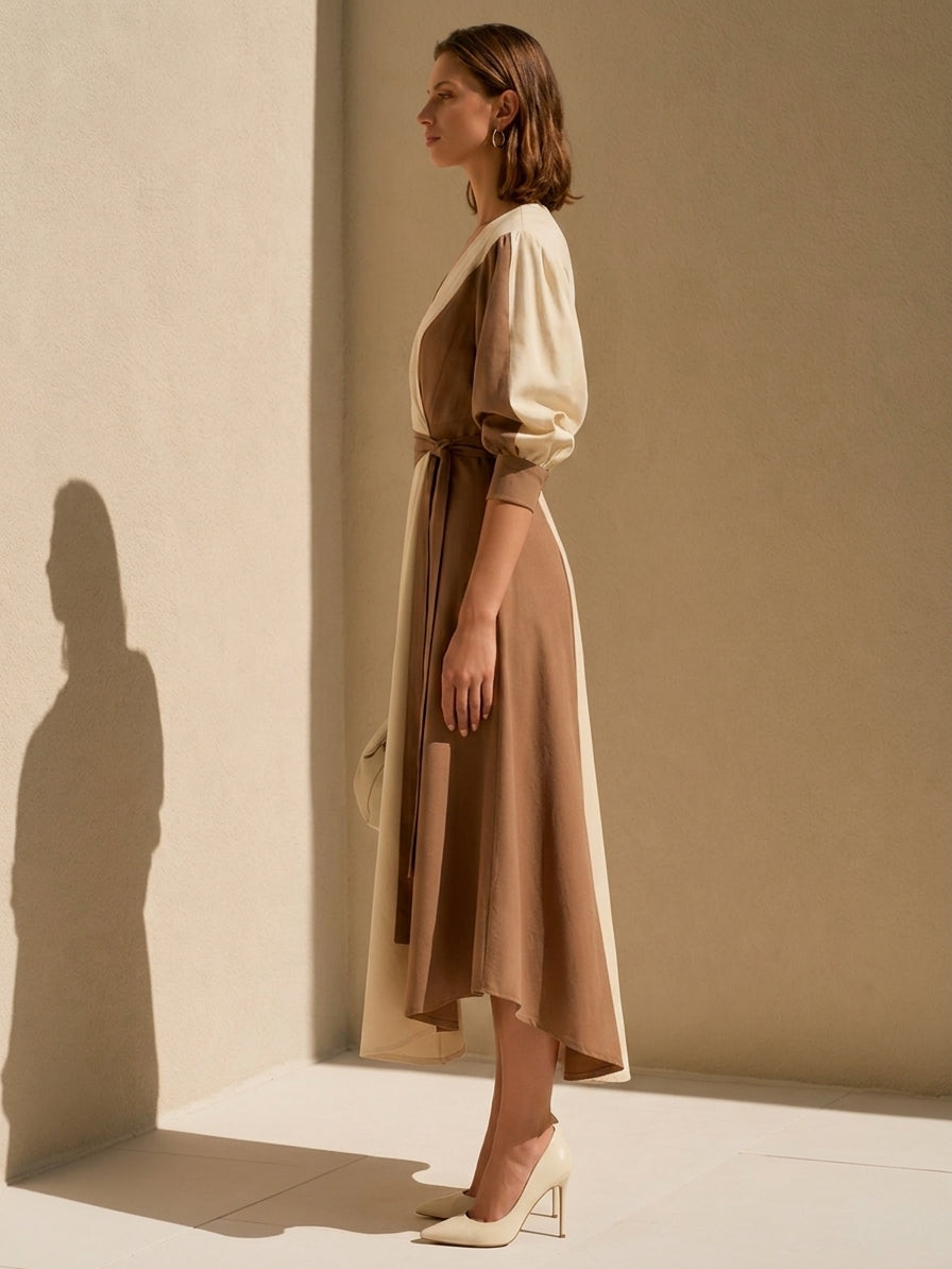 White And Brown Color-block V-neck Maxi Dress