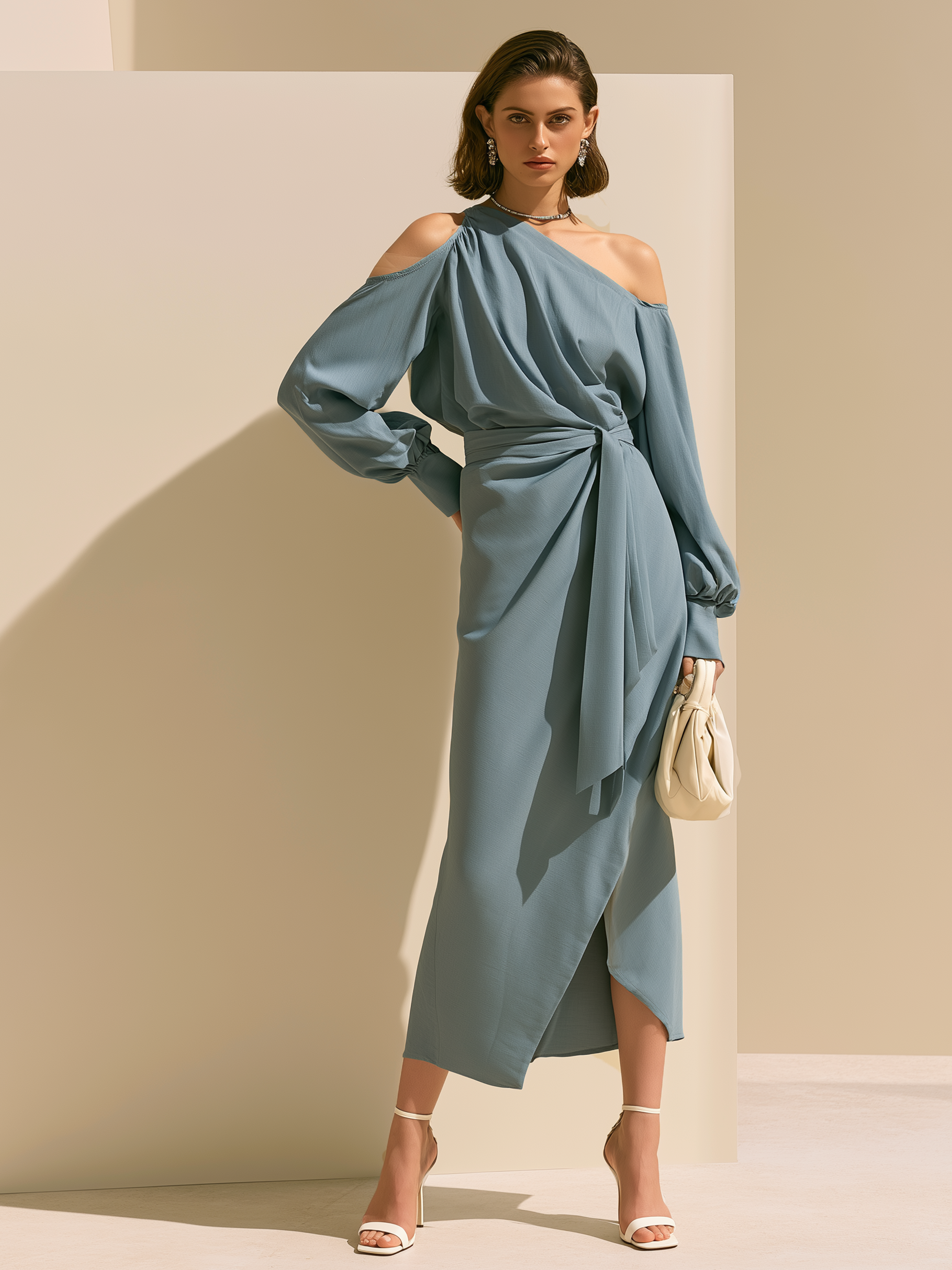 Elegant Blue Linen Blend Off-Shoulder Long Sleeve Midi Dress
