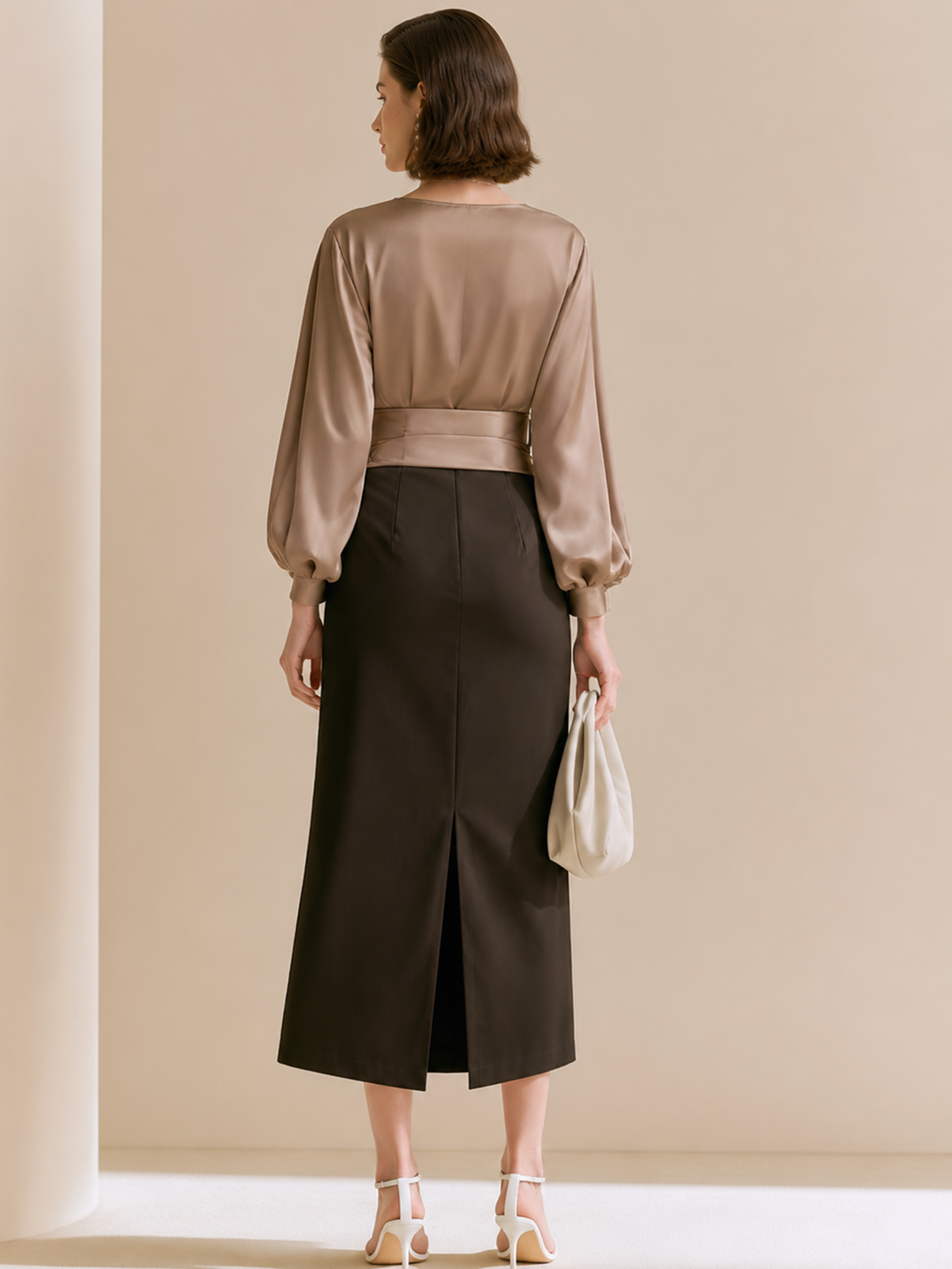 Elegant Taupe Wrap Blouse & High Slit Midi Skirt Set