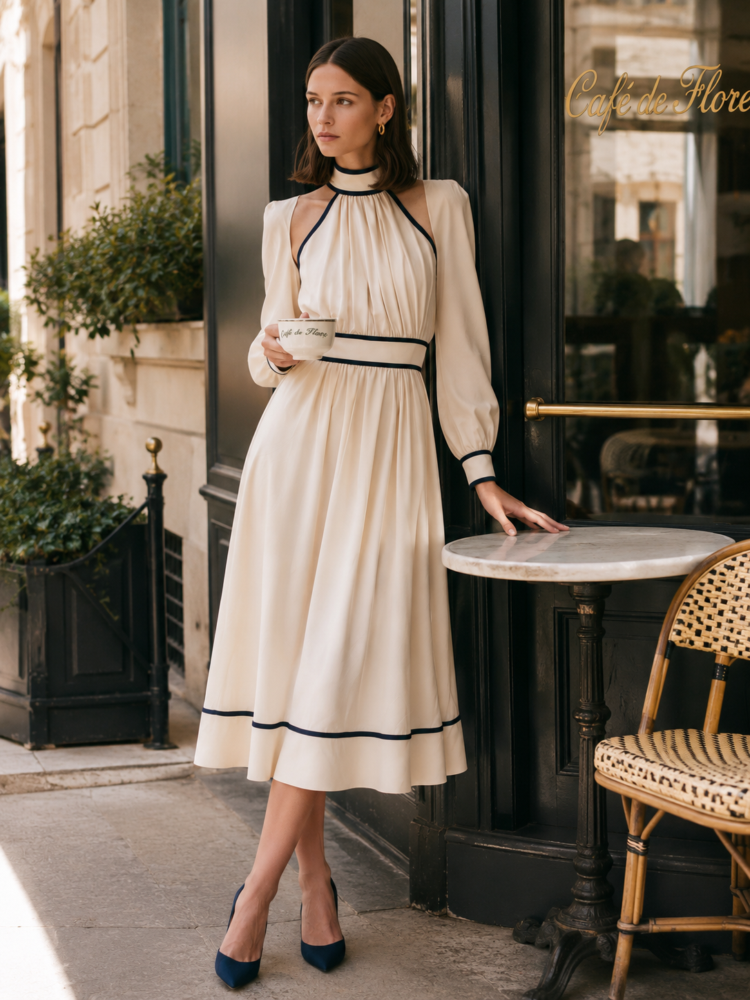 White Long-sleeved Halter Dress