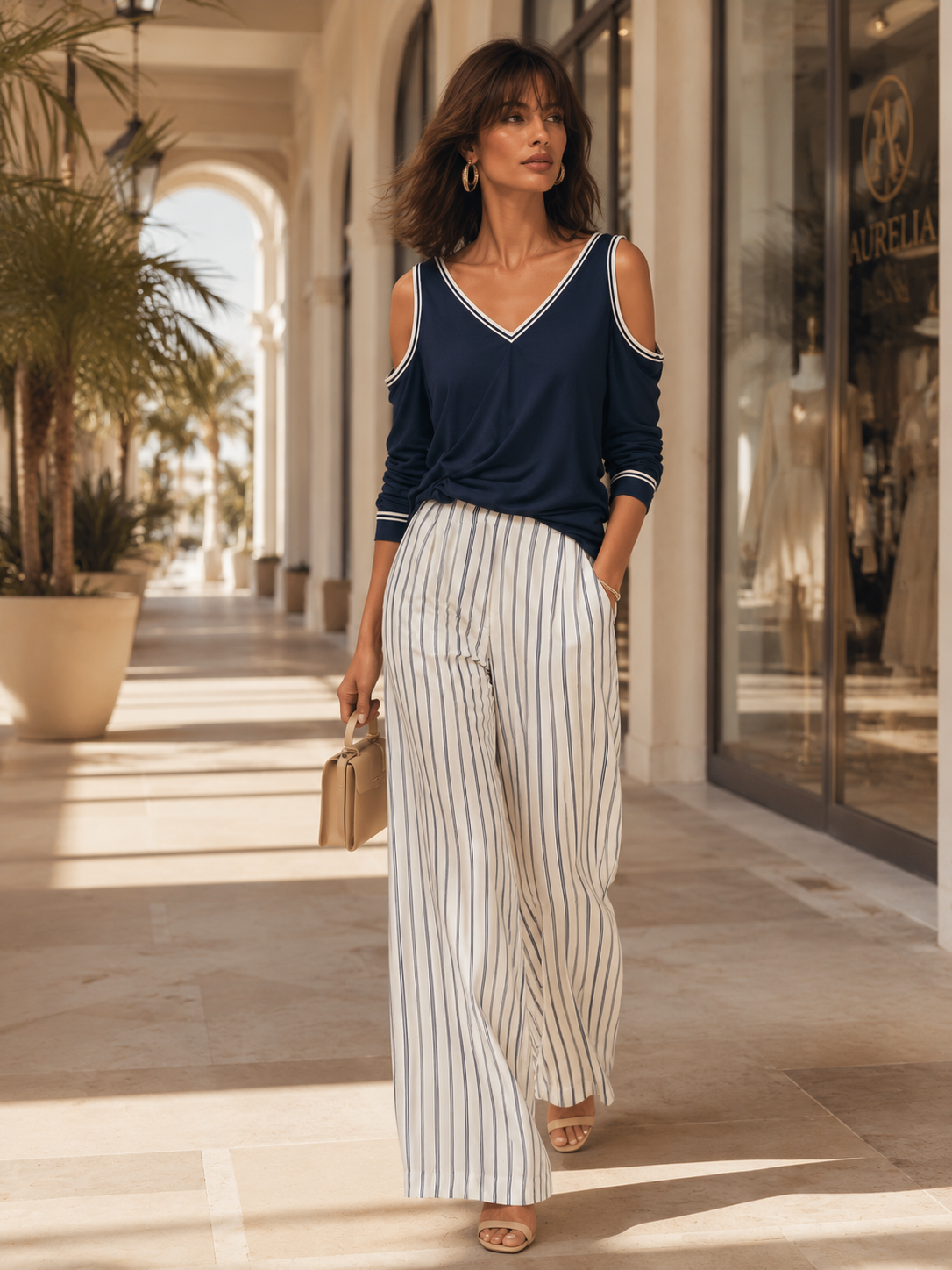 Navy Blue Off-the-shoulder Long-sleeve Matching Set