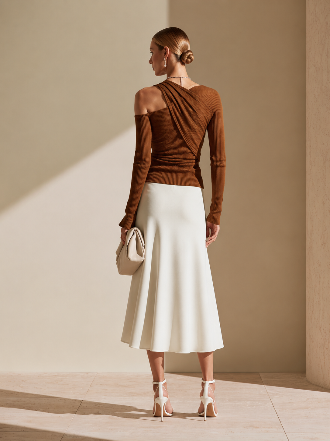 Elegant Brown Ribbed Off-Shoulder Top & White Asymmetric Midi Skirt Set