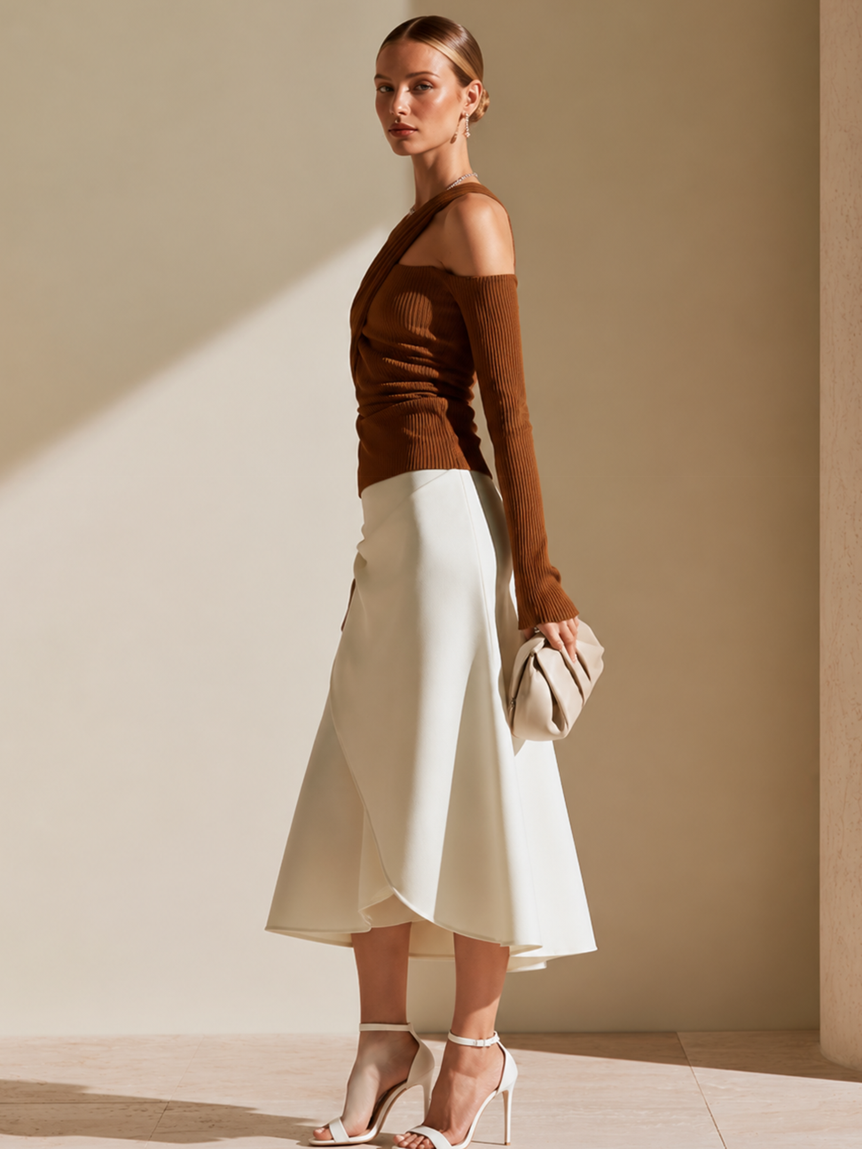 Elegant Brown Ribbed Off-Shoulder Top & White Asymmetric Midi Skirt Set