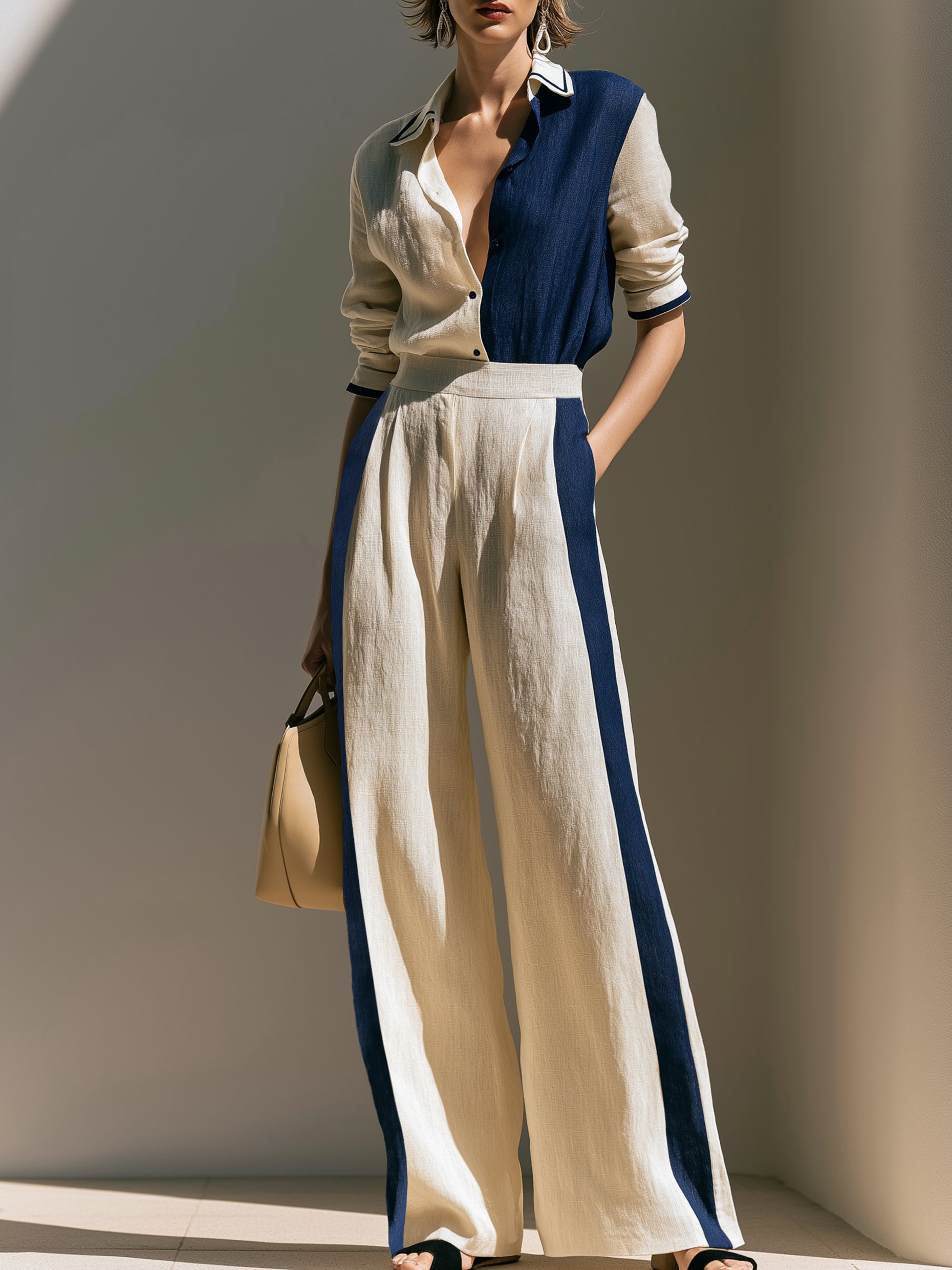 Linen Contrast Panel Collared Shirt & Wide Leg Trousers Set