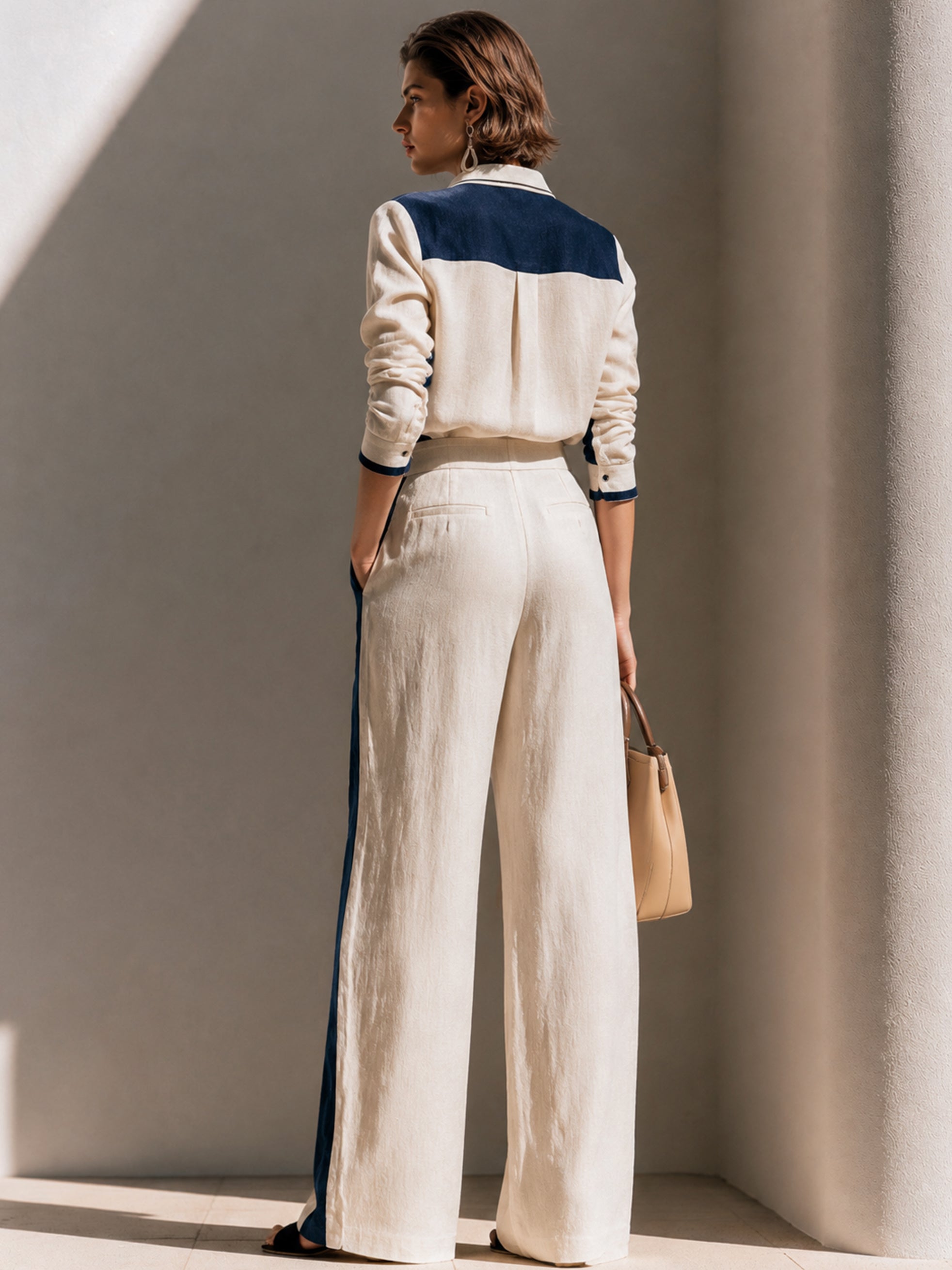Linen Contrast Panel Collared Shirt & Wide Leg Trousers Set
