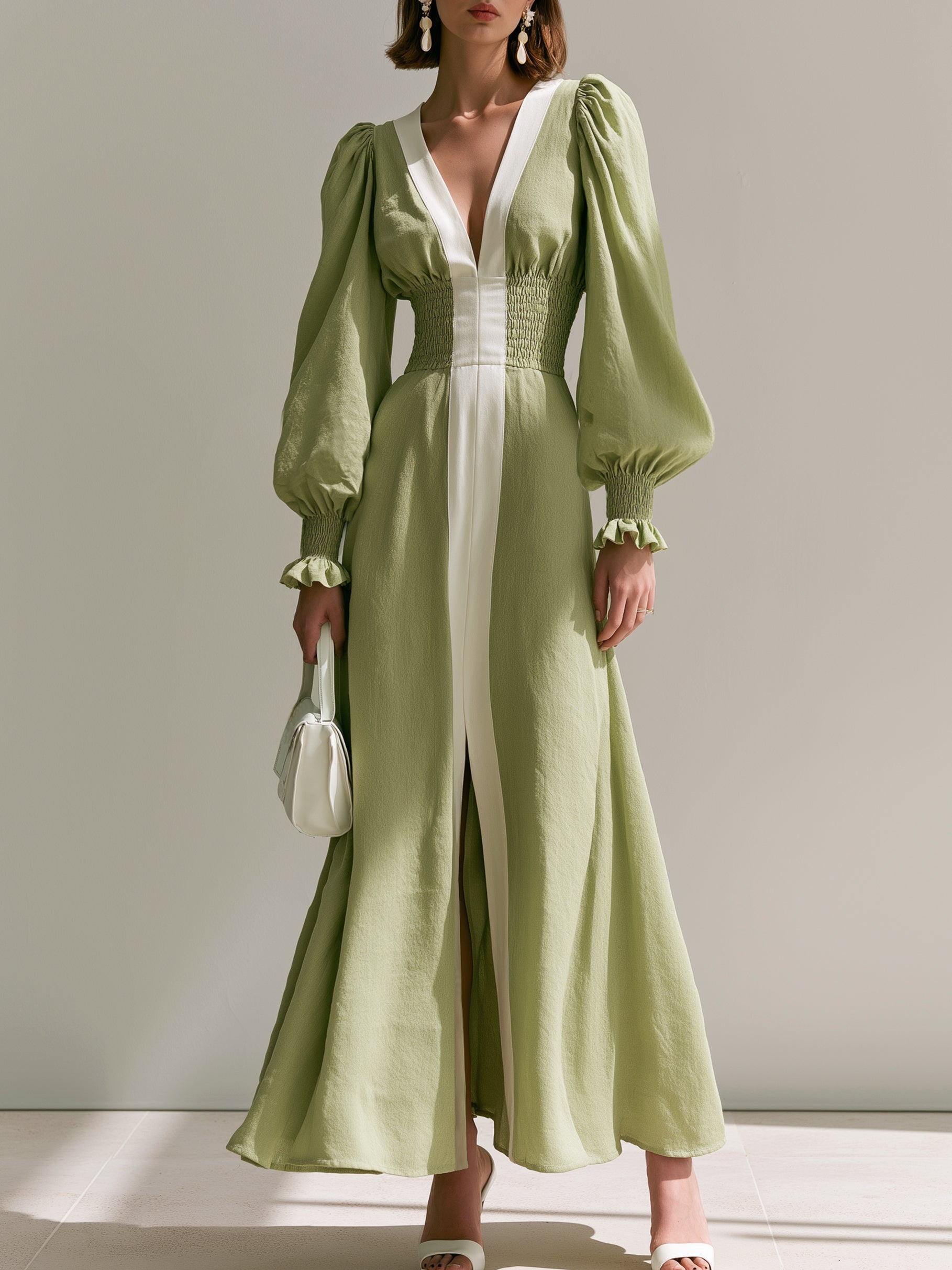 Elegant Contrast Trim V-Neck Puff Long Sleeve Maxi Dress With Smocked Waist