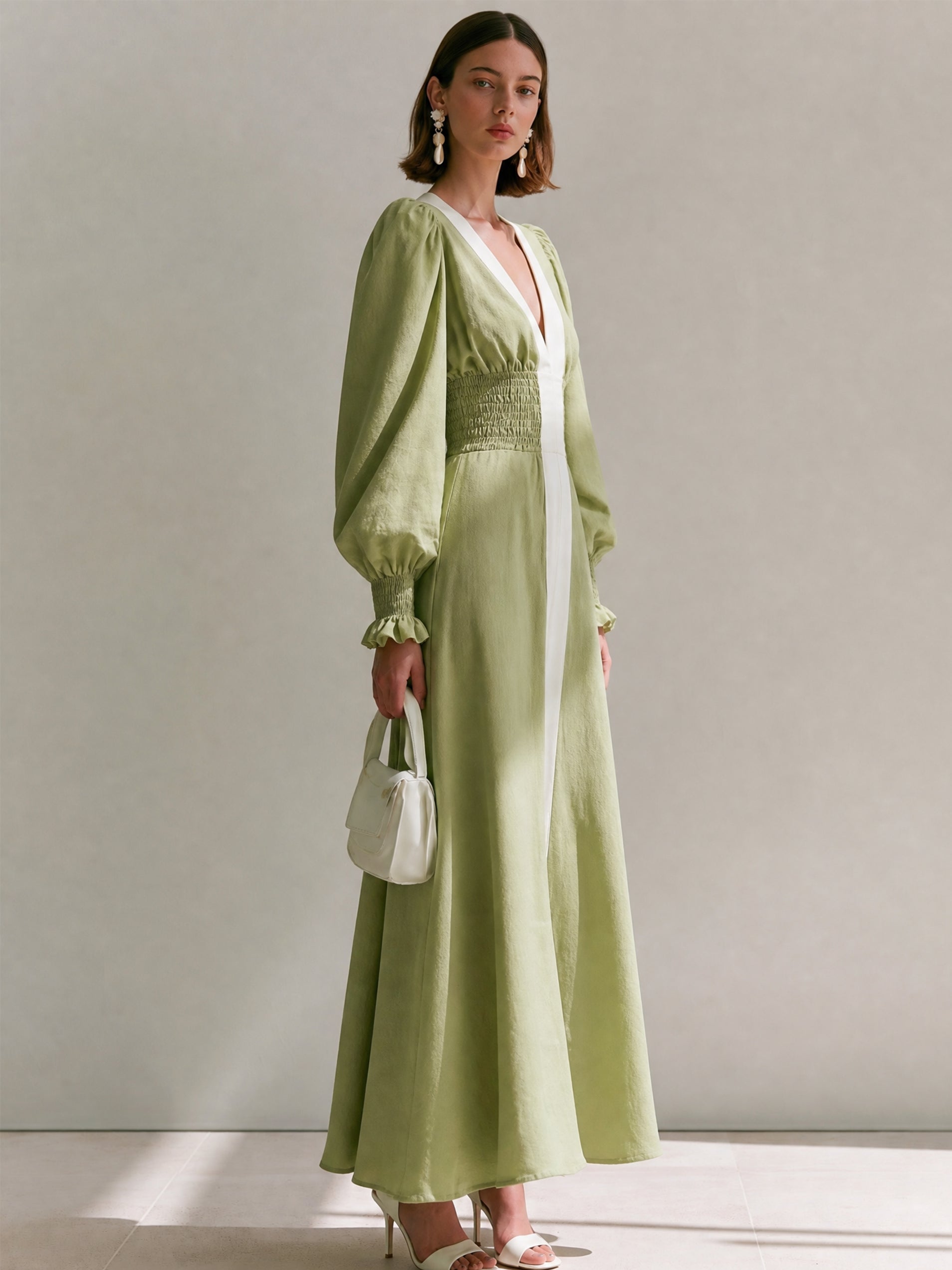 Elegant Contrast Trim V-Neck Puff Long Sleeve Maxi Dress With Smocked Waist