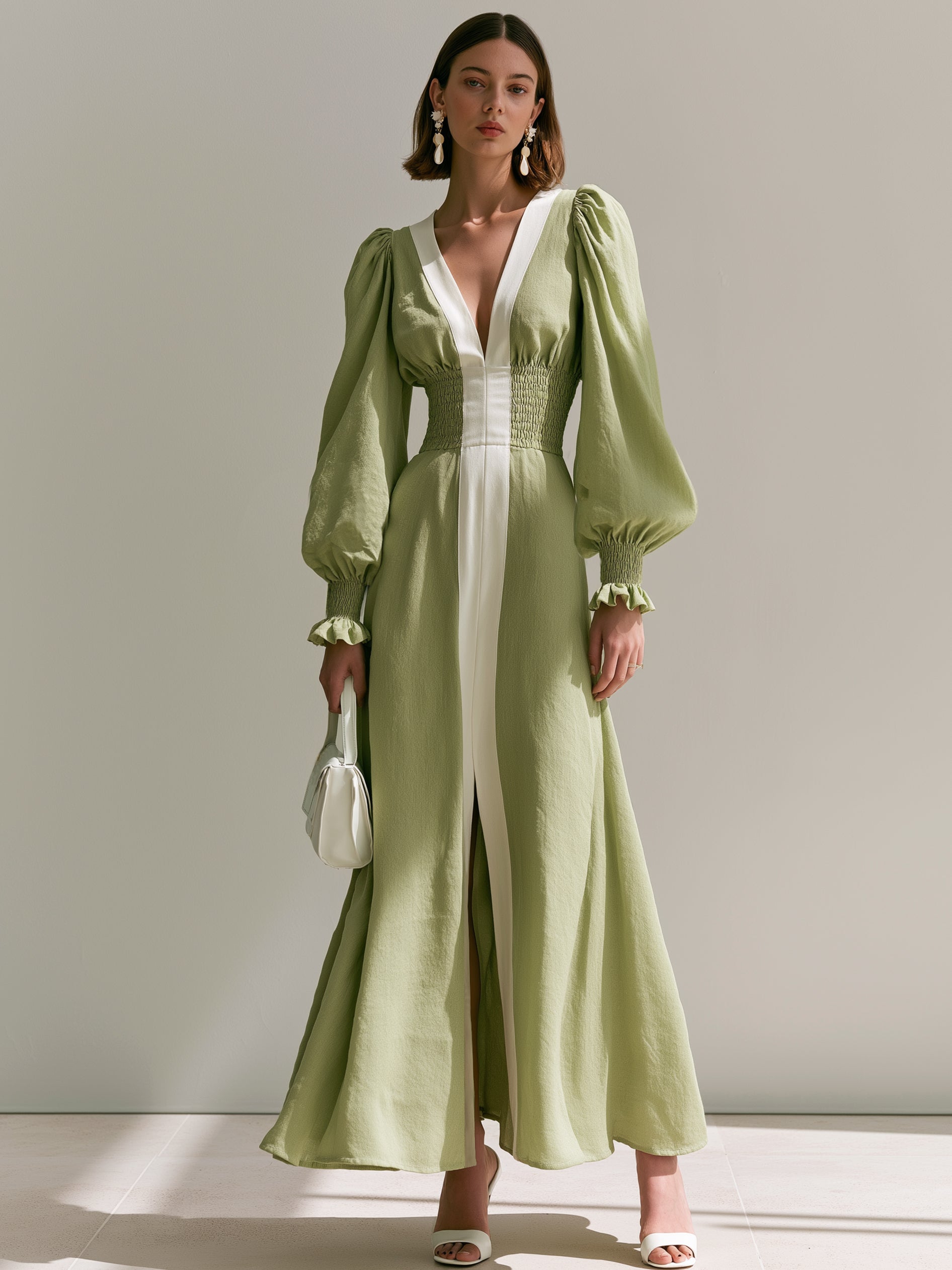 Elegant Contrast Trim V-Neck Puff Long Sleeve Maxi Dress With Smocked Waist