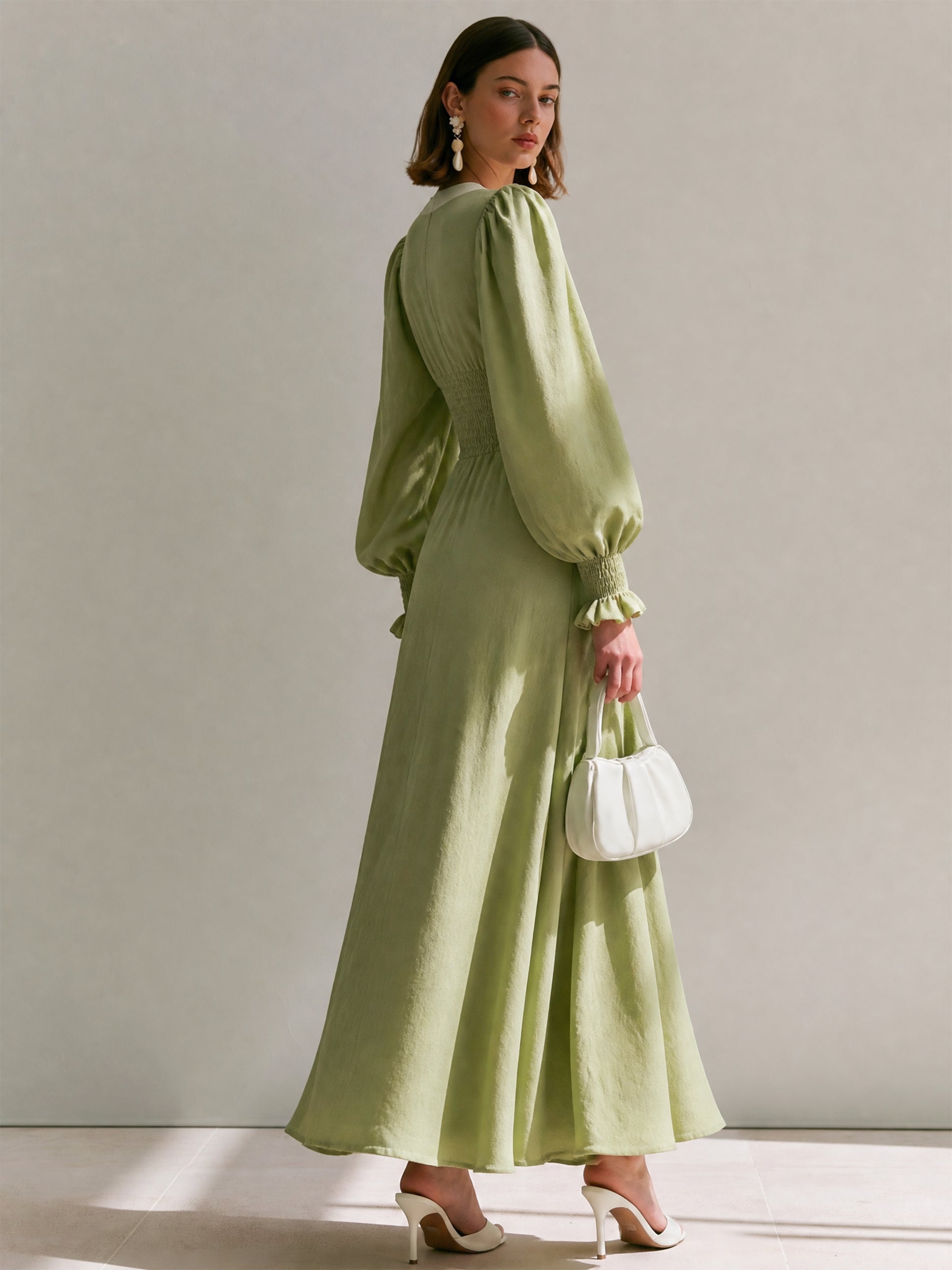 Elegant Contrast Trim V-Neck Puff Long Sleeve Maxi Dress With Smocked Waist