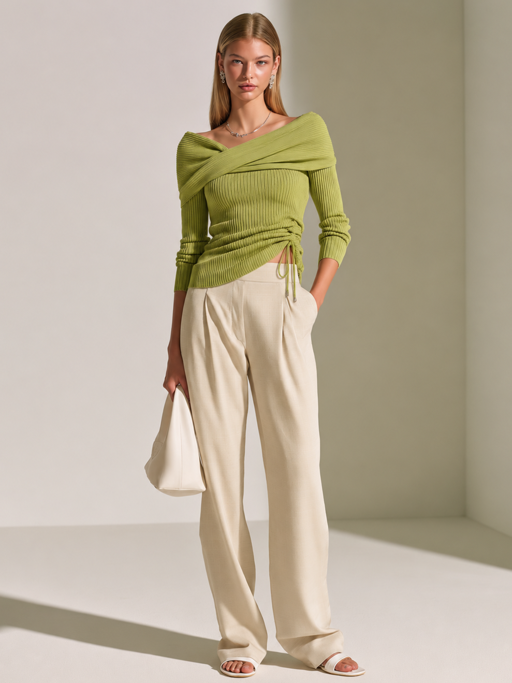 Elegant Green Ribbed Off-Shoulder Knit Top & White Tailored Wide-Leg Pants Set