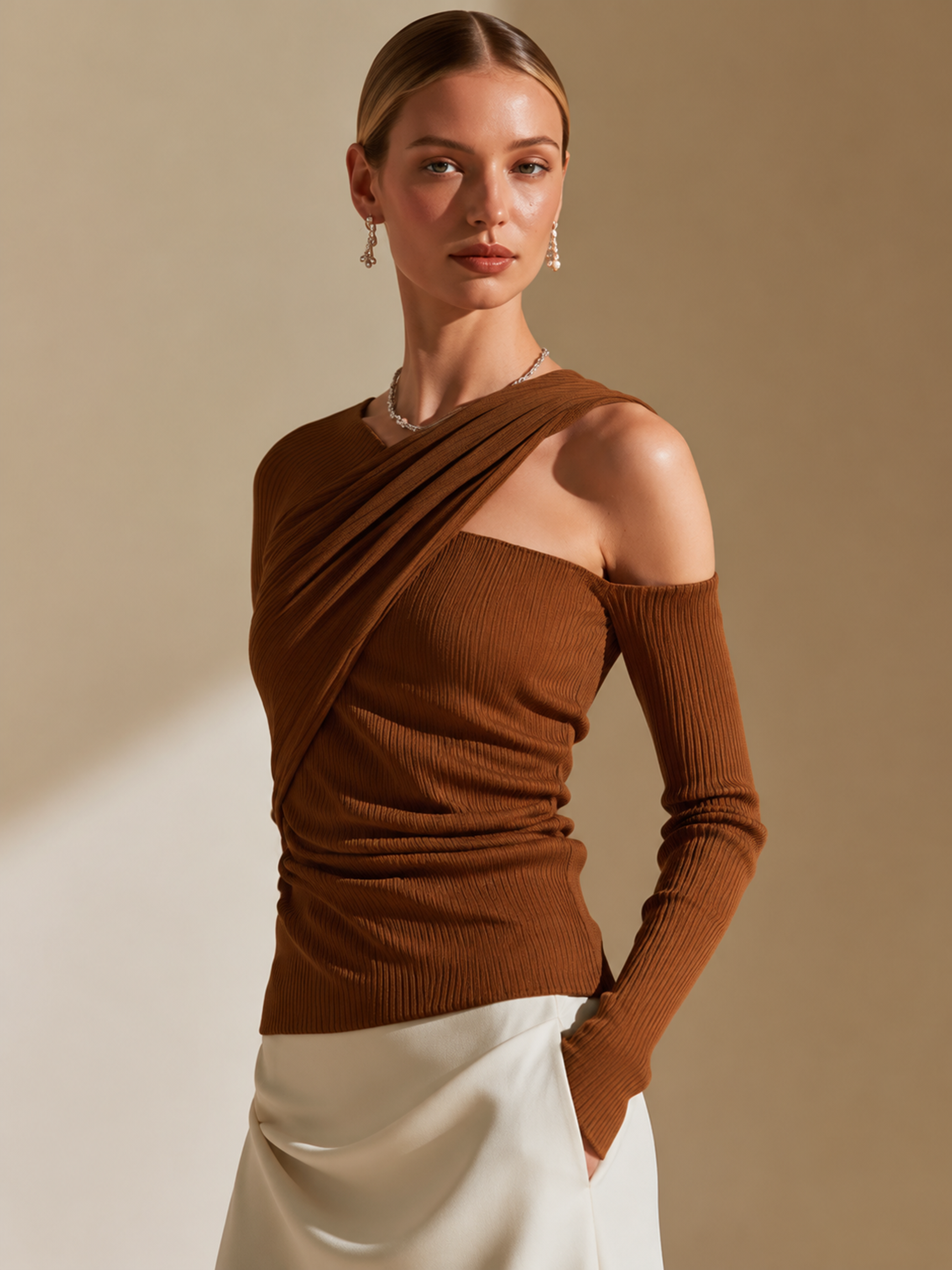 Elegant Brown Ribbed Off-Shoulder Knit Top
