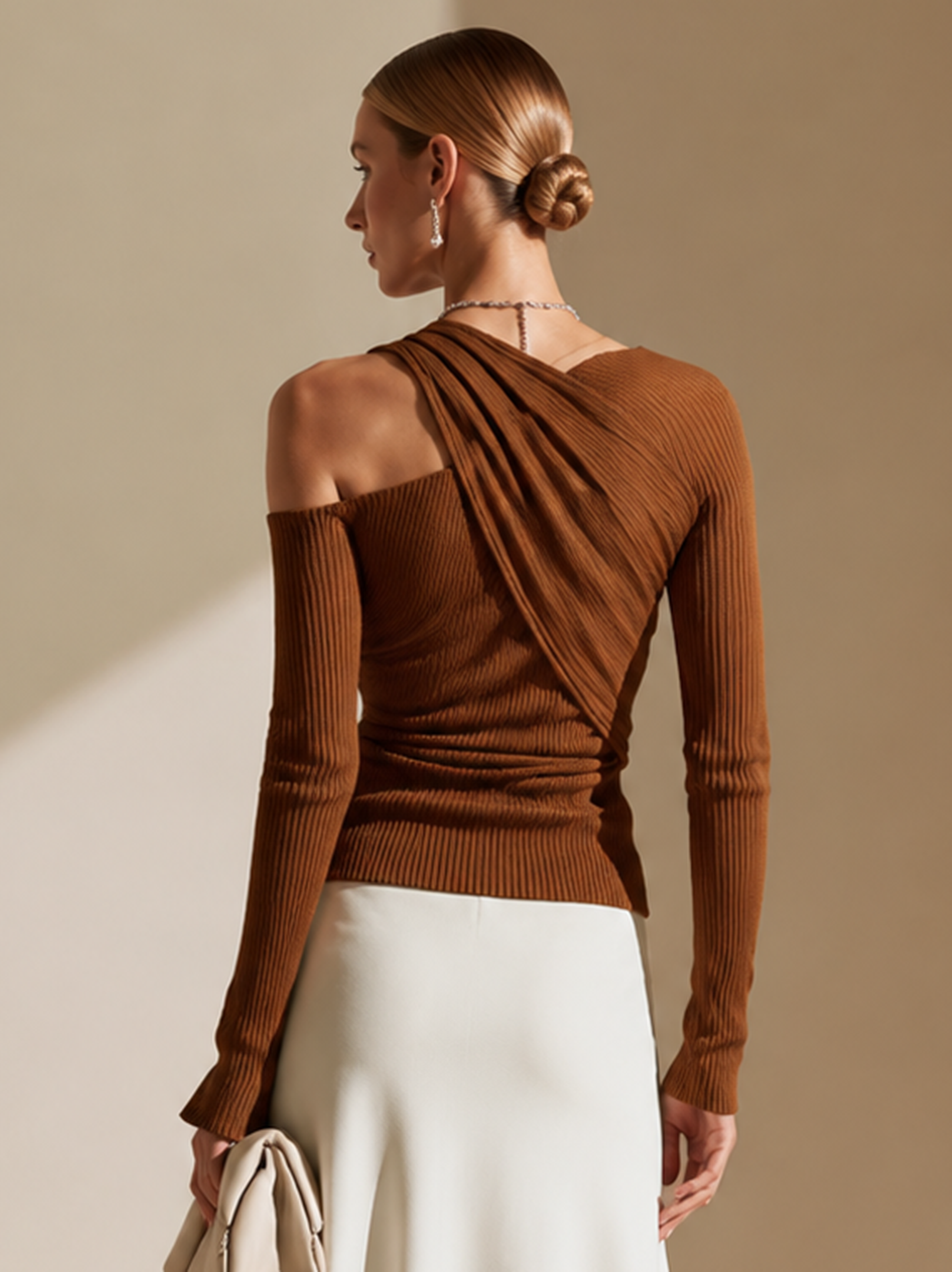 Elegant Brown Ribbed Off-Shoulder Knit Top