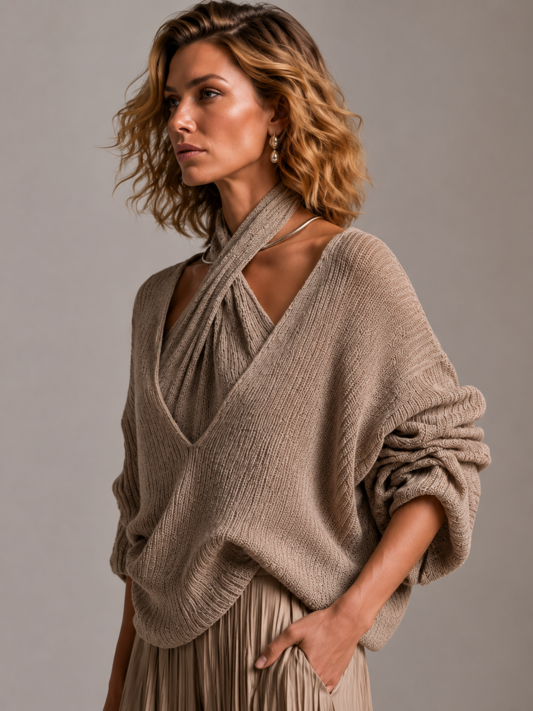 Elegant Taupe Ribbed Knit Sweater