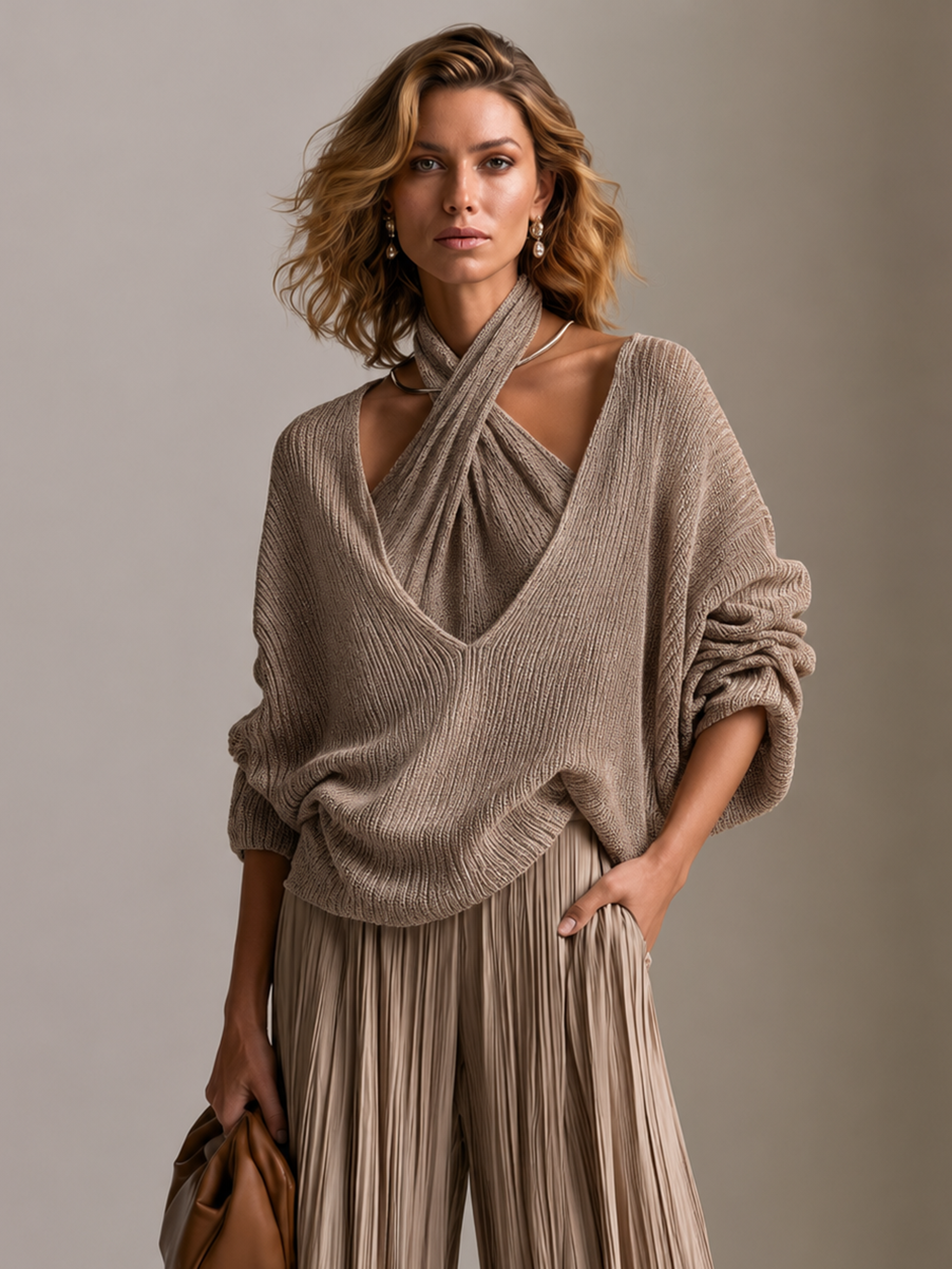 Elegant Taupe Ribbed Knit Sweater