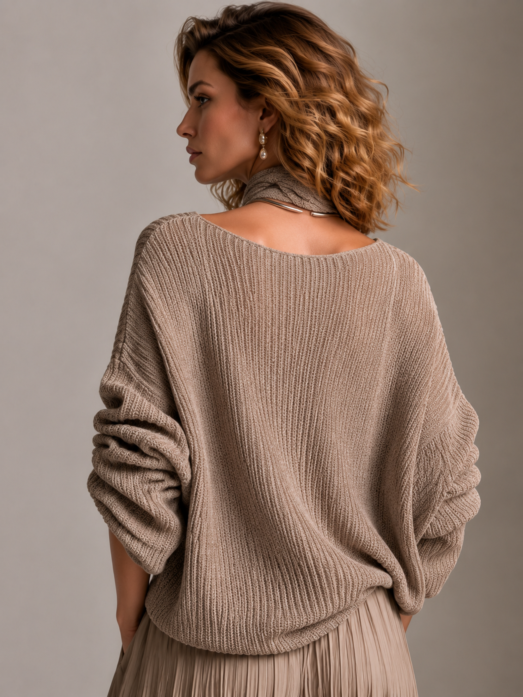 Elegant Taupe Ribbed Knit Sweater