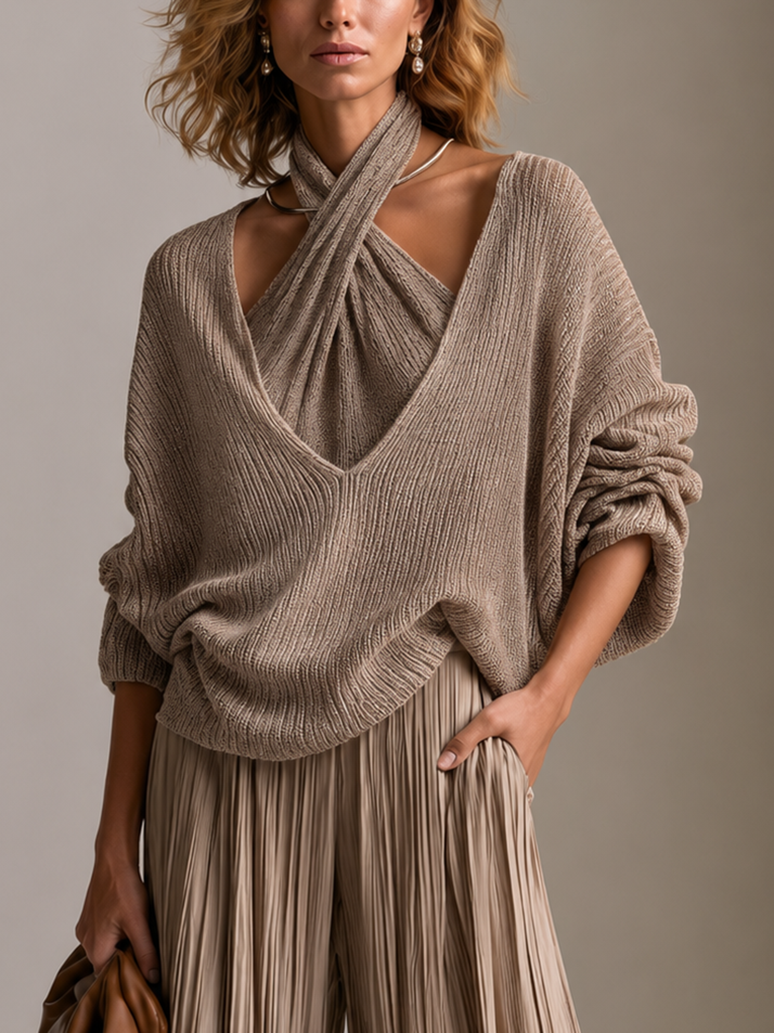 Elegant Taupe Ribbed Knit Sweater