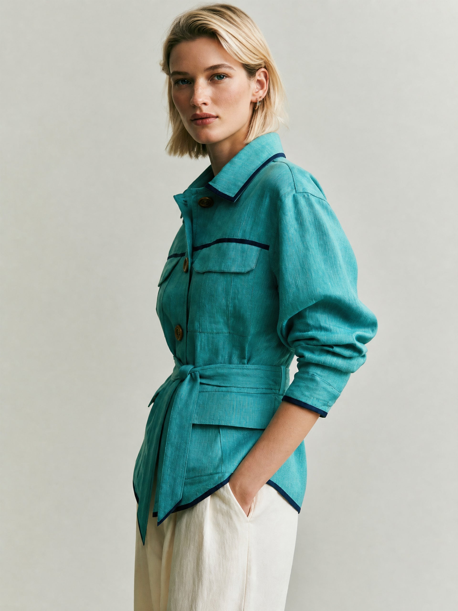 Linen Turquoise Casual & Resort Jacket With Contrast Piping