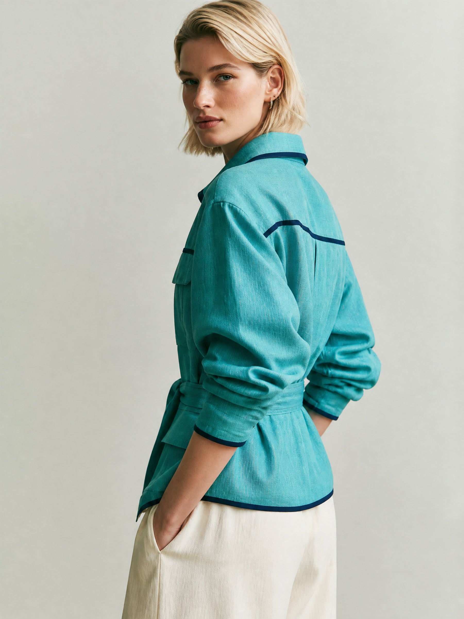 Linen Turquoise Casual & Resort Jacket With Contrast Piping