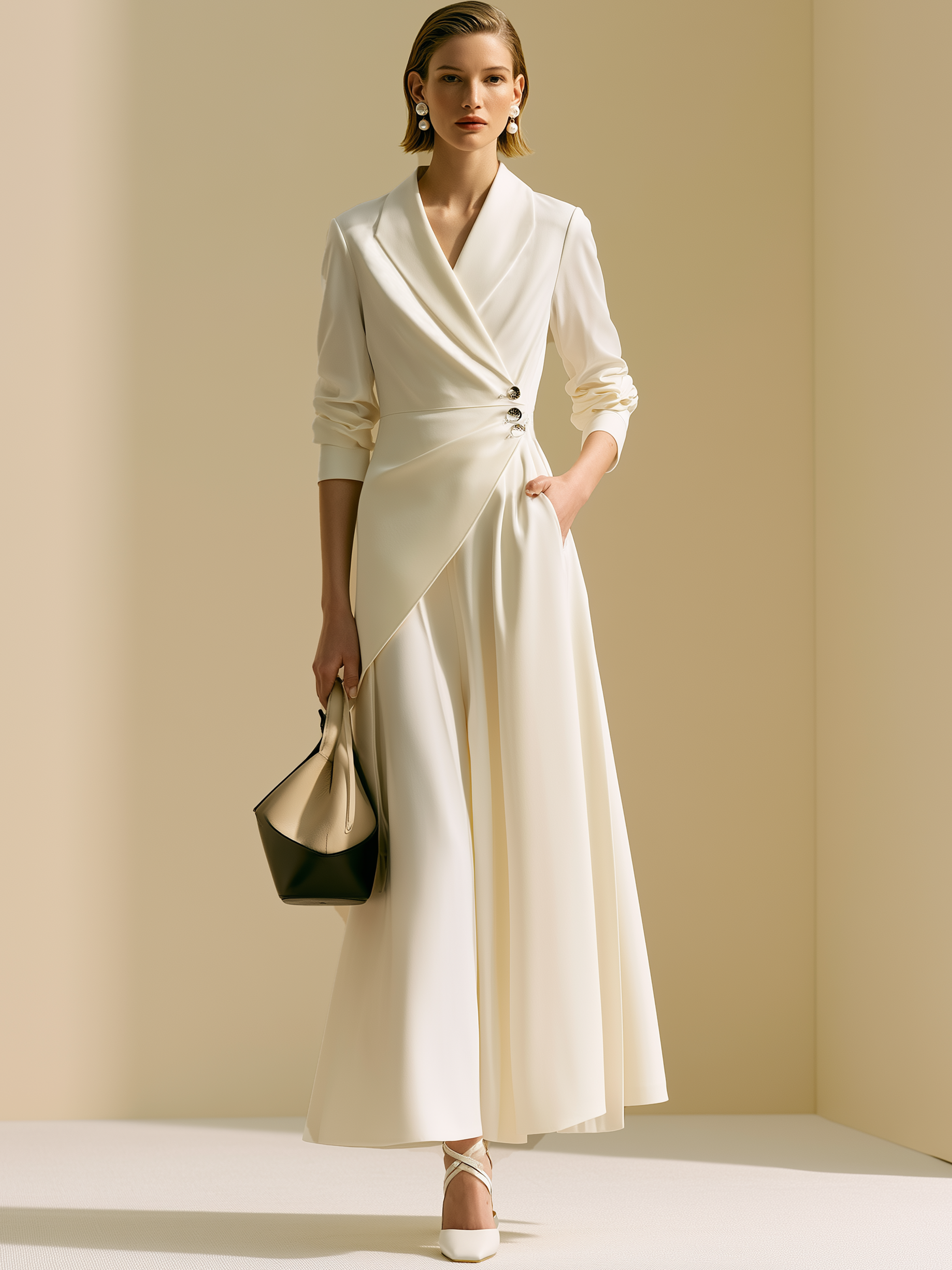 Cream White Lapel Wrap Waist Draped Maxi Dress
