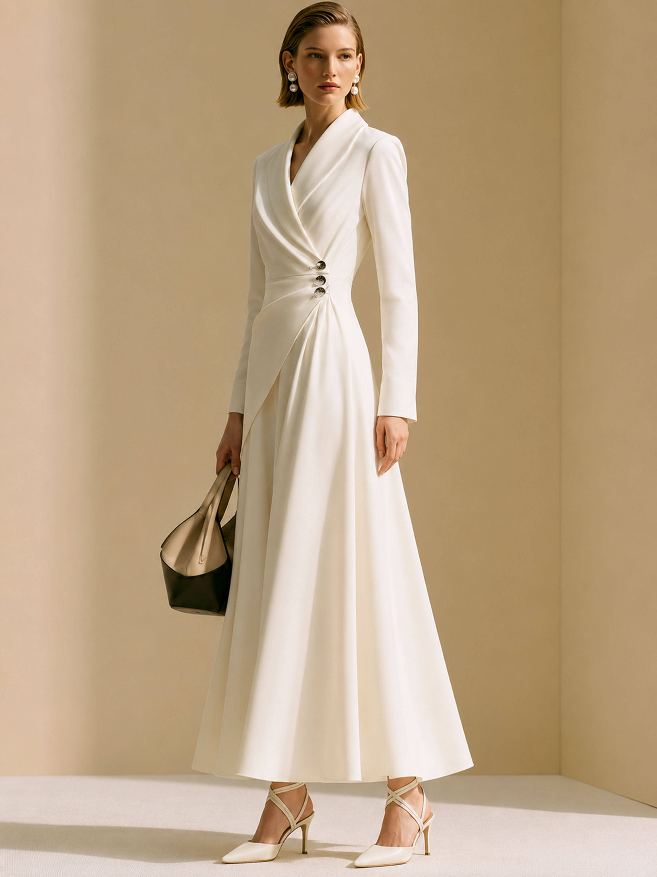 Cream White Lapel Wrap Waist Draped Maxi Dress