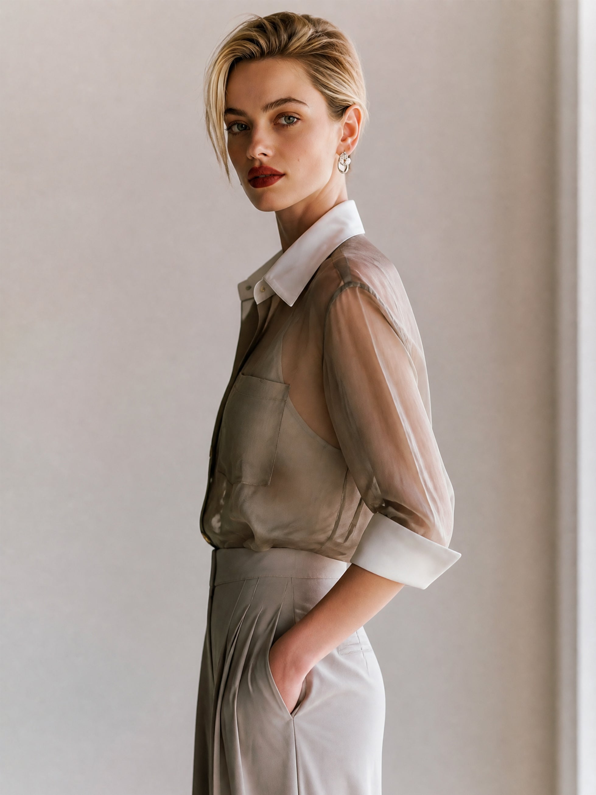 Chiffon Long Sleeve Contrast Shirt And Camisole Set