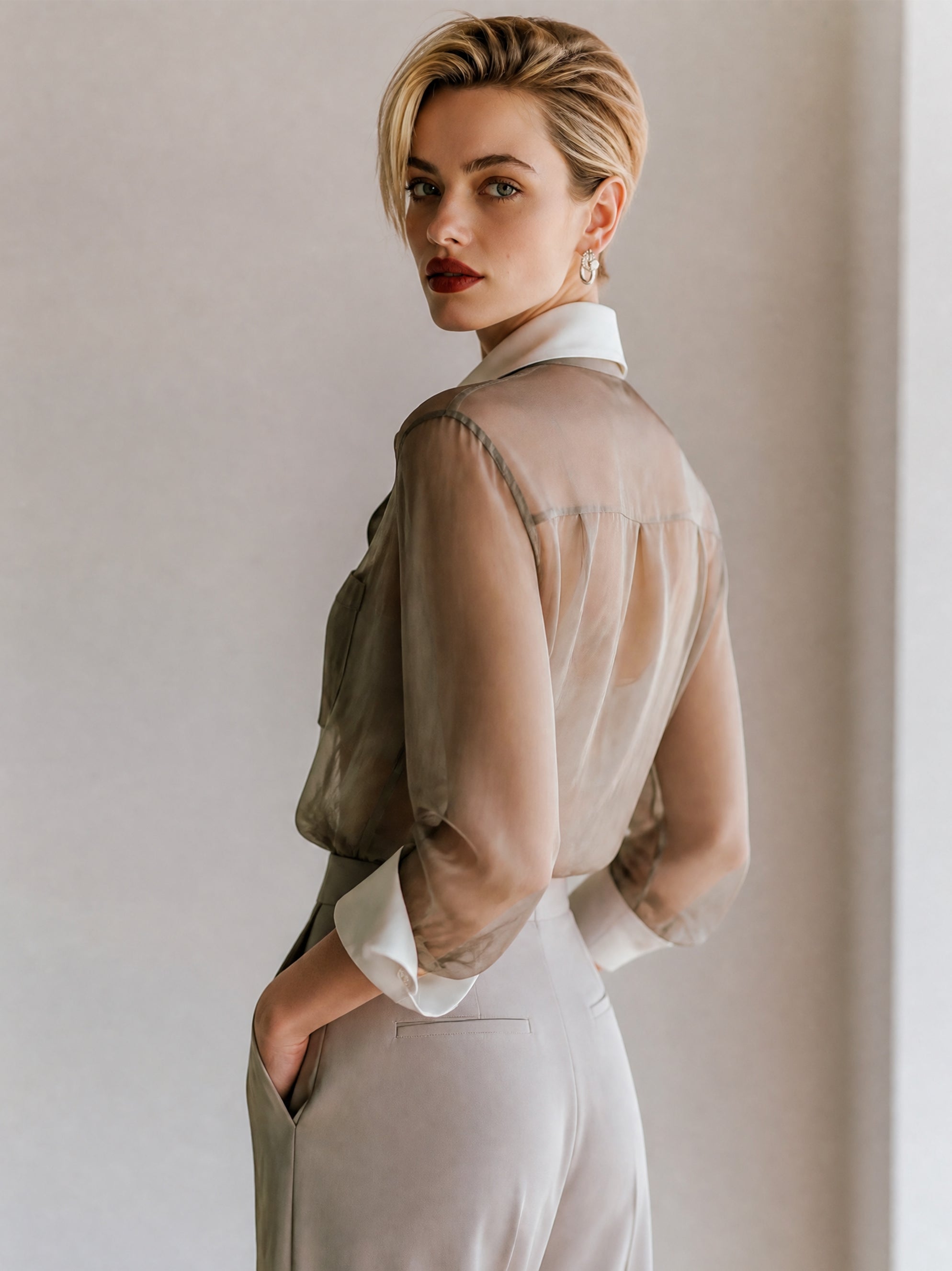 Chiffon Long Sleeve Contrast Shirt And Camisole Set
