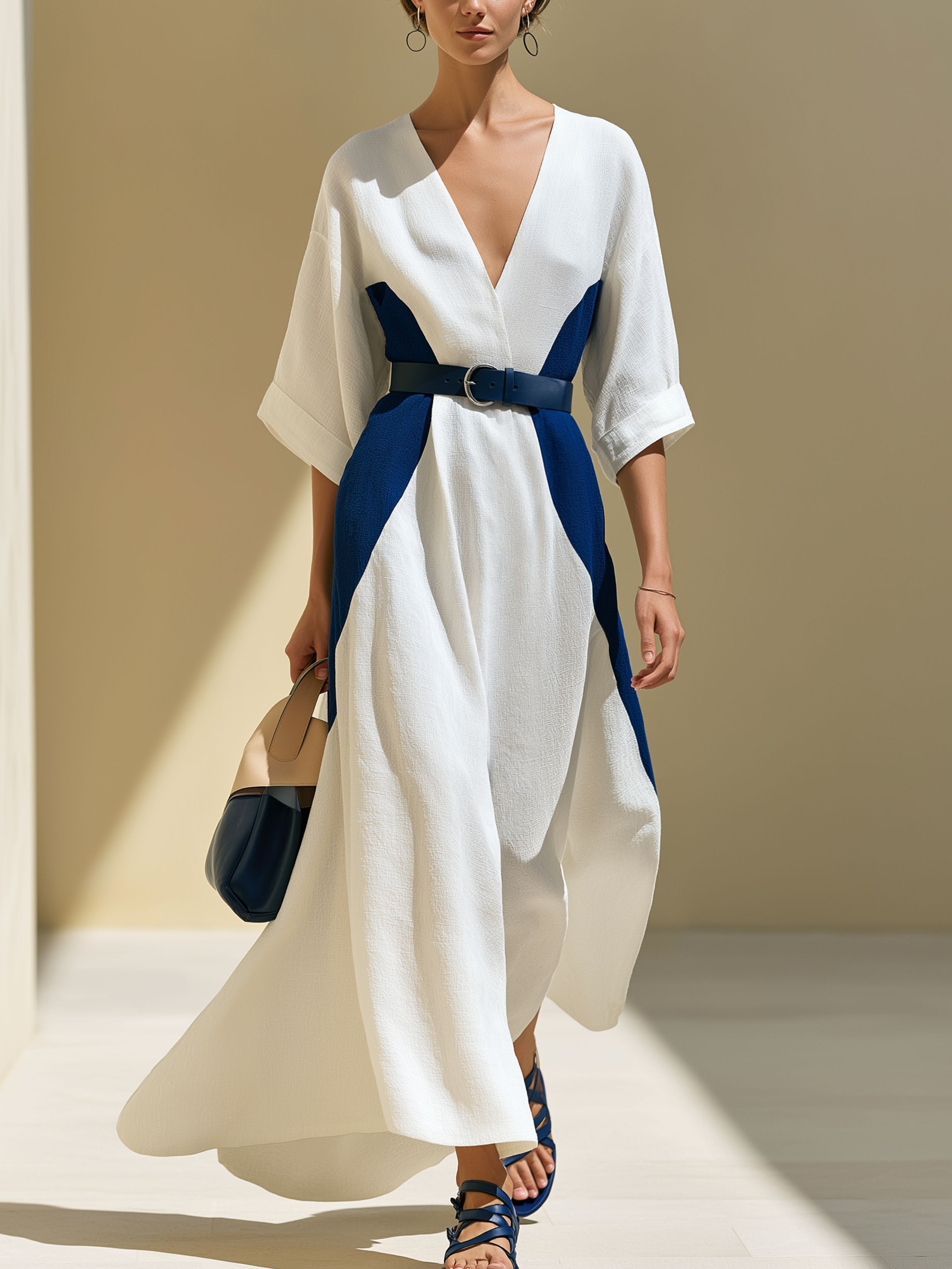 White Navy Color Block V-neck Maxi Dress Maxi Gown