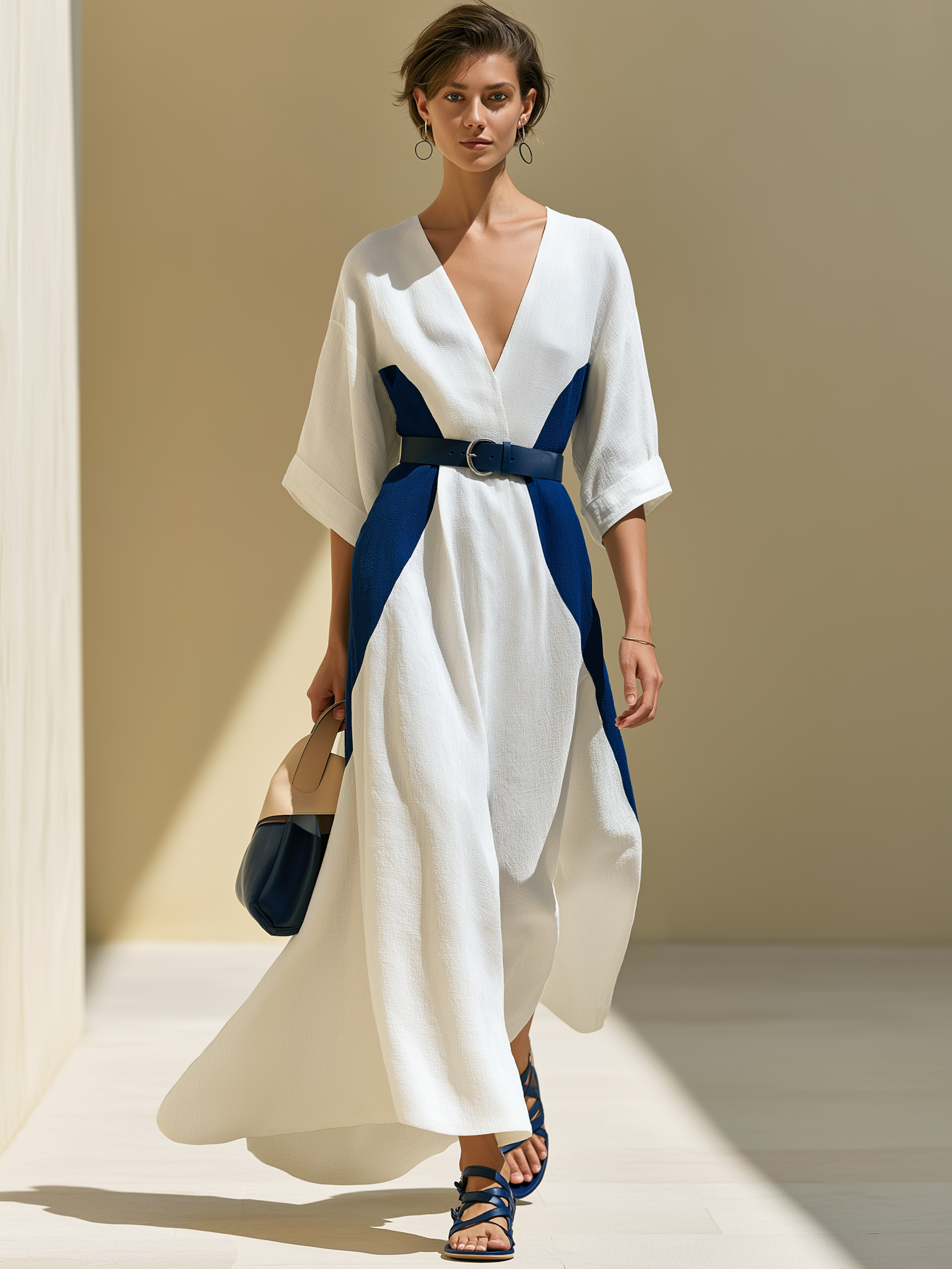 White Navy Color Block V-neck Maxi Dress Maxi Gown