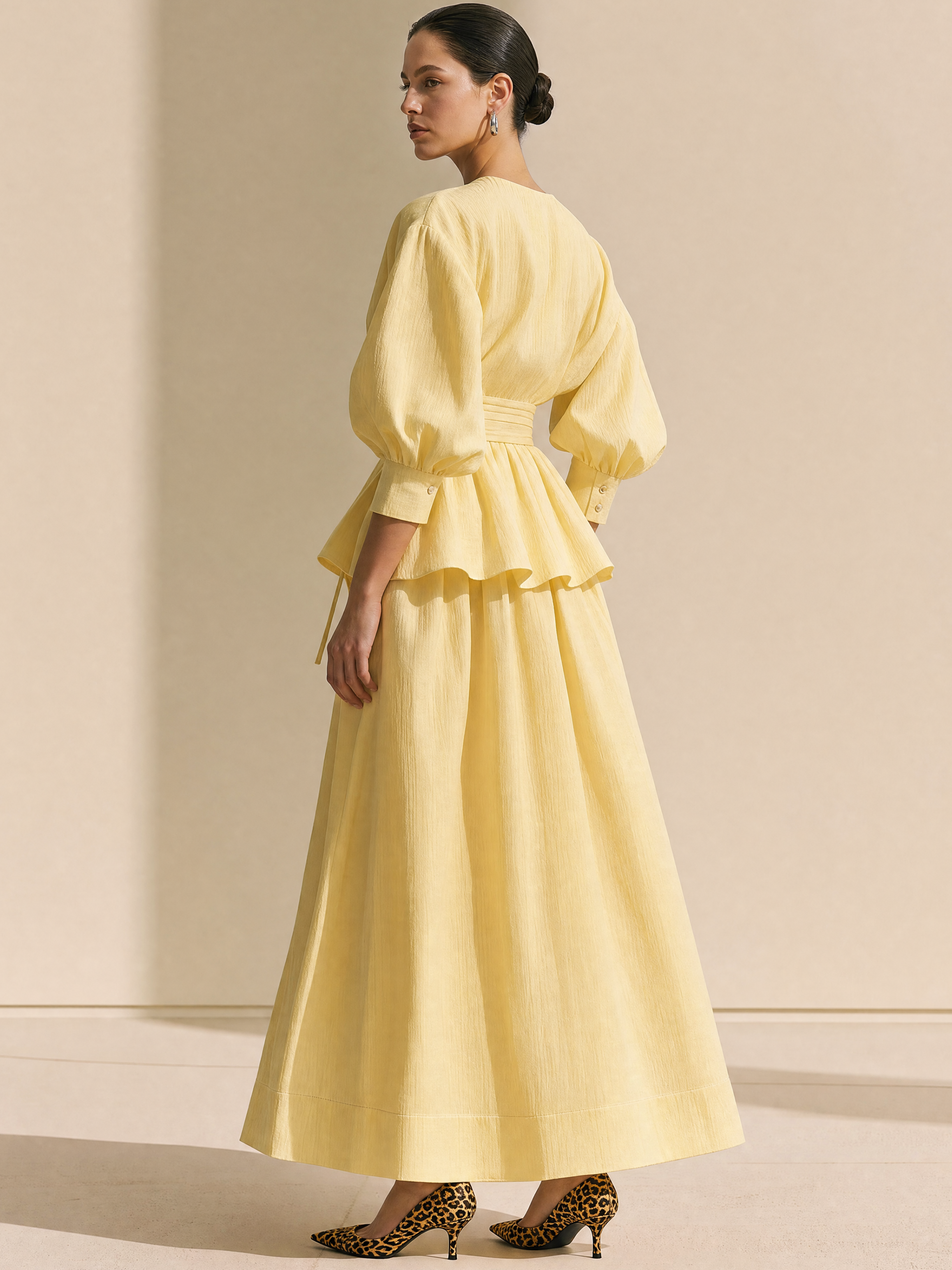 Cream Yellow Pleated Puff Sleeve Two-Piece Set