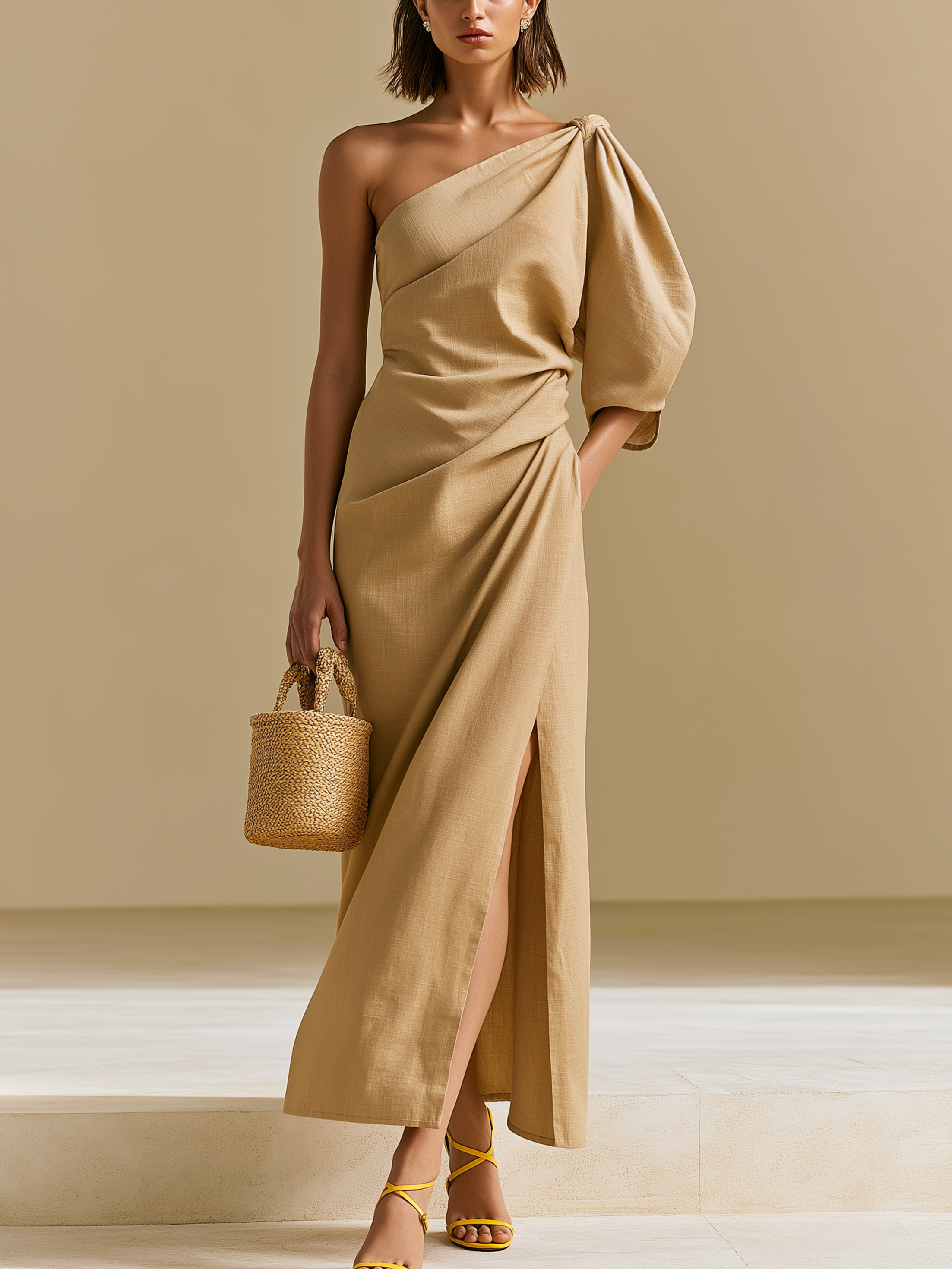 Earth Tone Twisted One Shoulder Slit Maxi Dress, Tencel Linen Relax Resort Gown