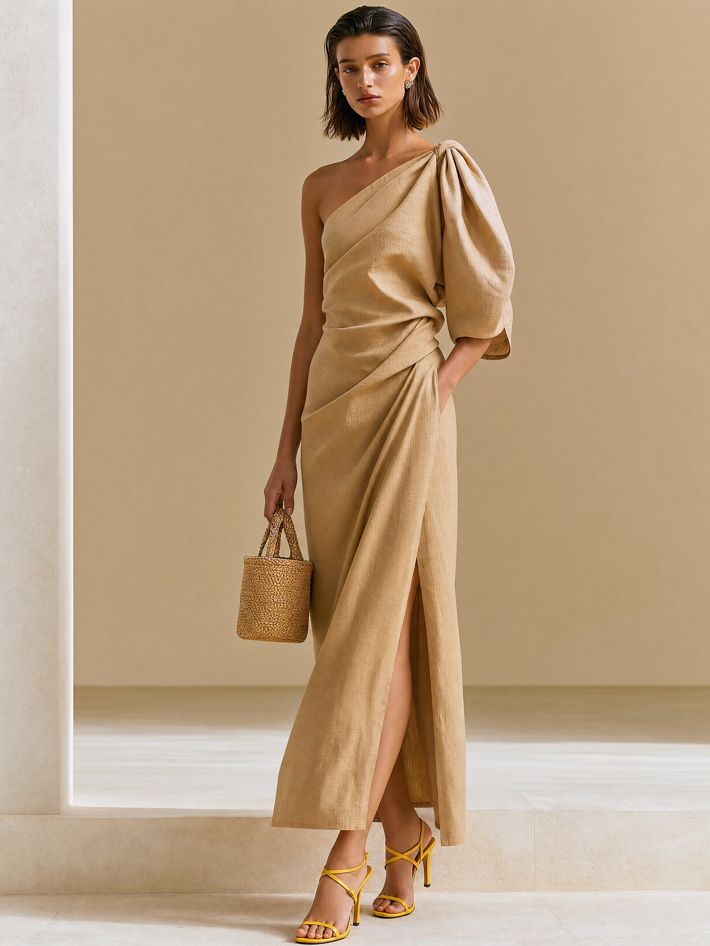 Earth Tone Twisted One Shoulder Slit Maxi Dress, Tencel Linen Relax Resort Gown