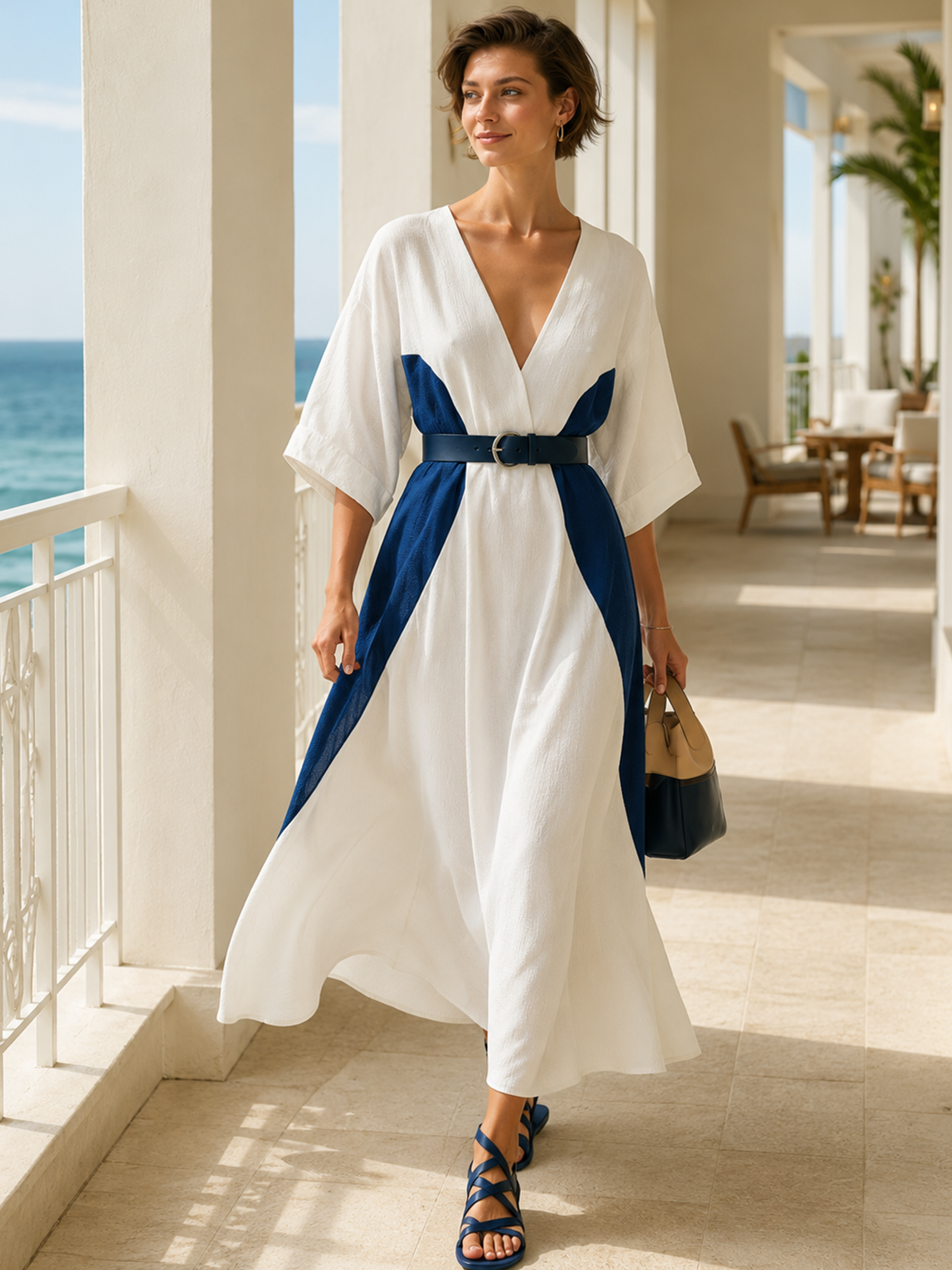 White Navy Color Block V-neck Maxi Dress Maxi Gown