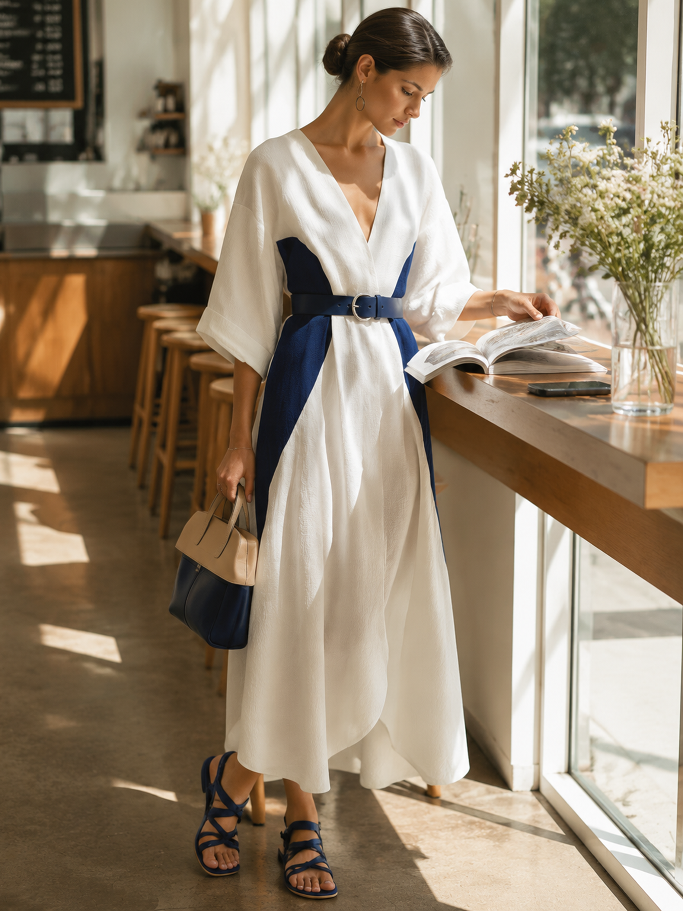 White Navy Color Block V-neck Maxi Dress Maxi Gown