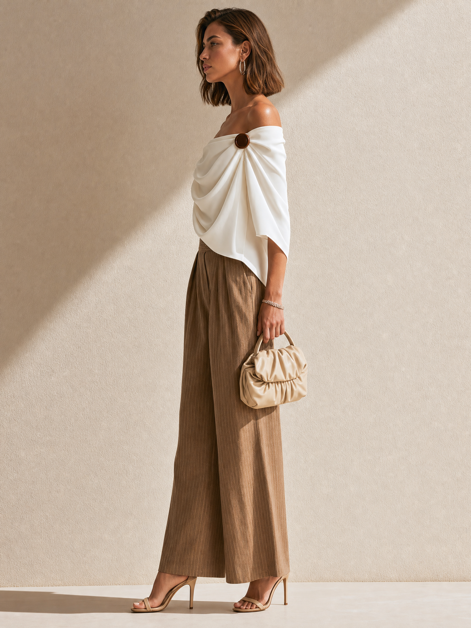 White Shawl-collar Top And Brown Trousers Set