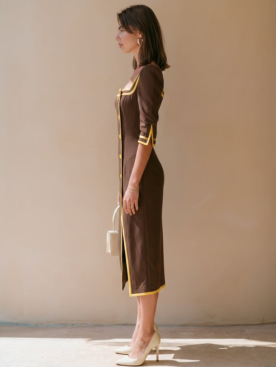 Tan And Yellow Color-block Piped Dress