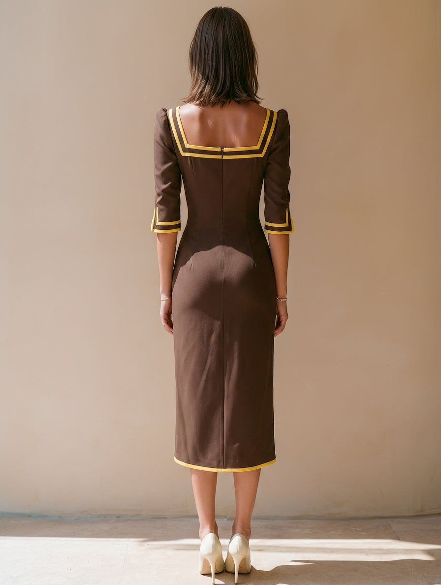Tan And Yellow Color-block Piped Dress