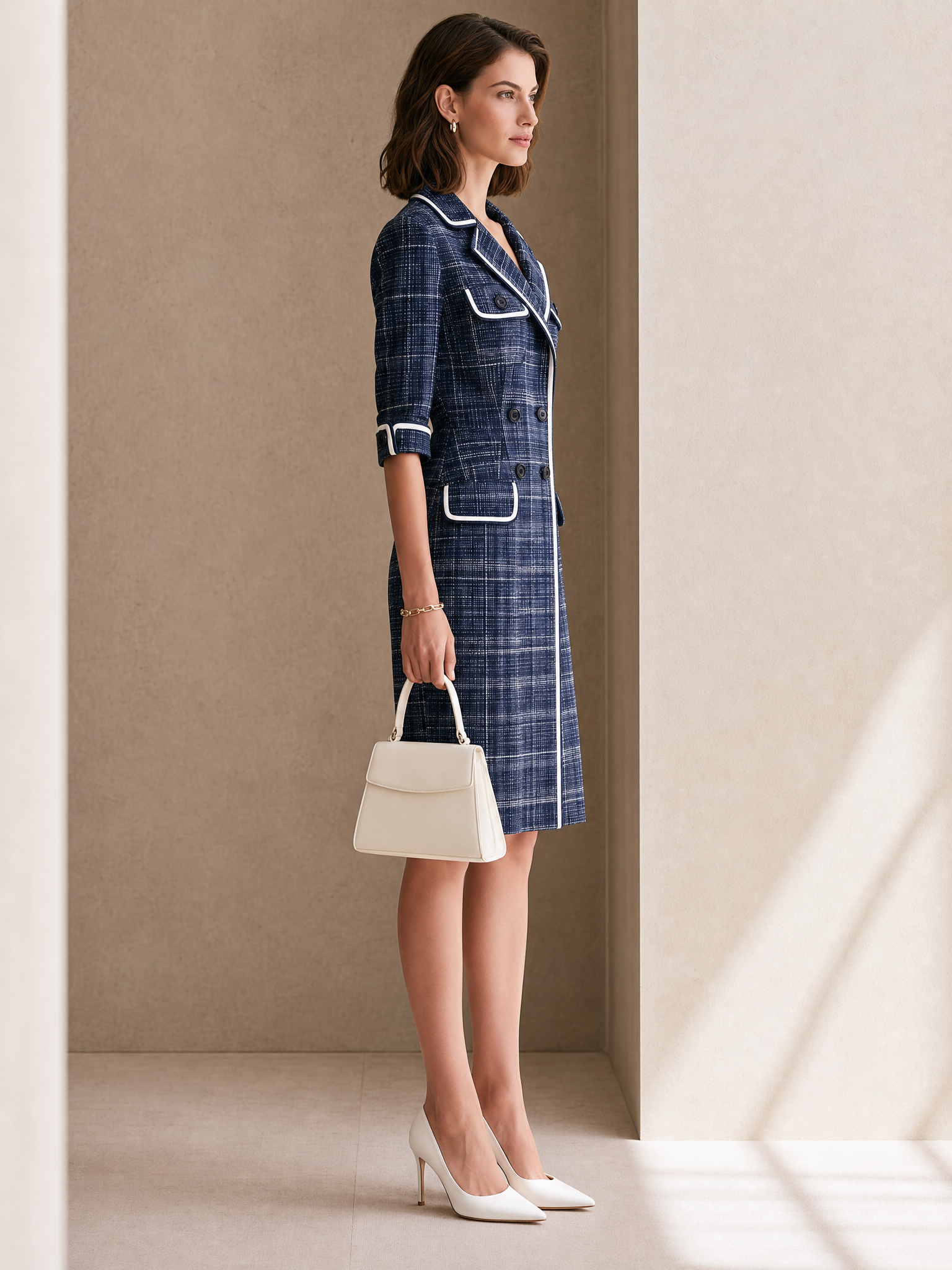 Blue Plaid Coat With White Piping