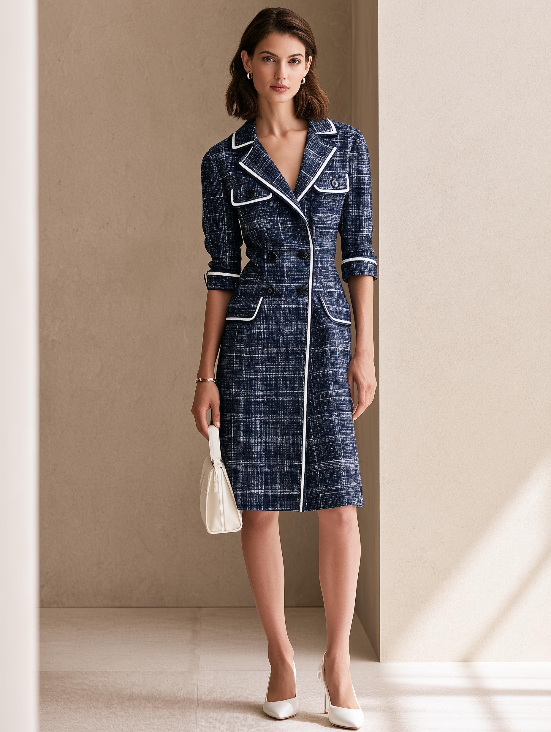 Blue Plaid Coat With White Piping
