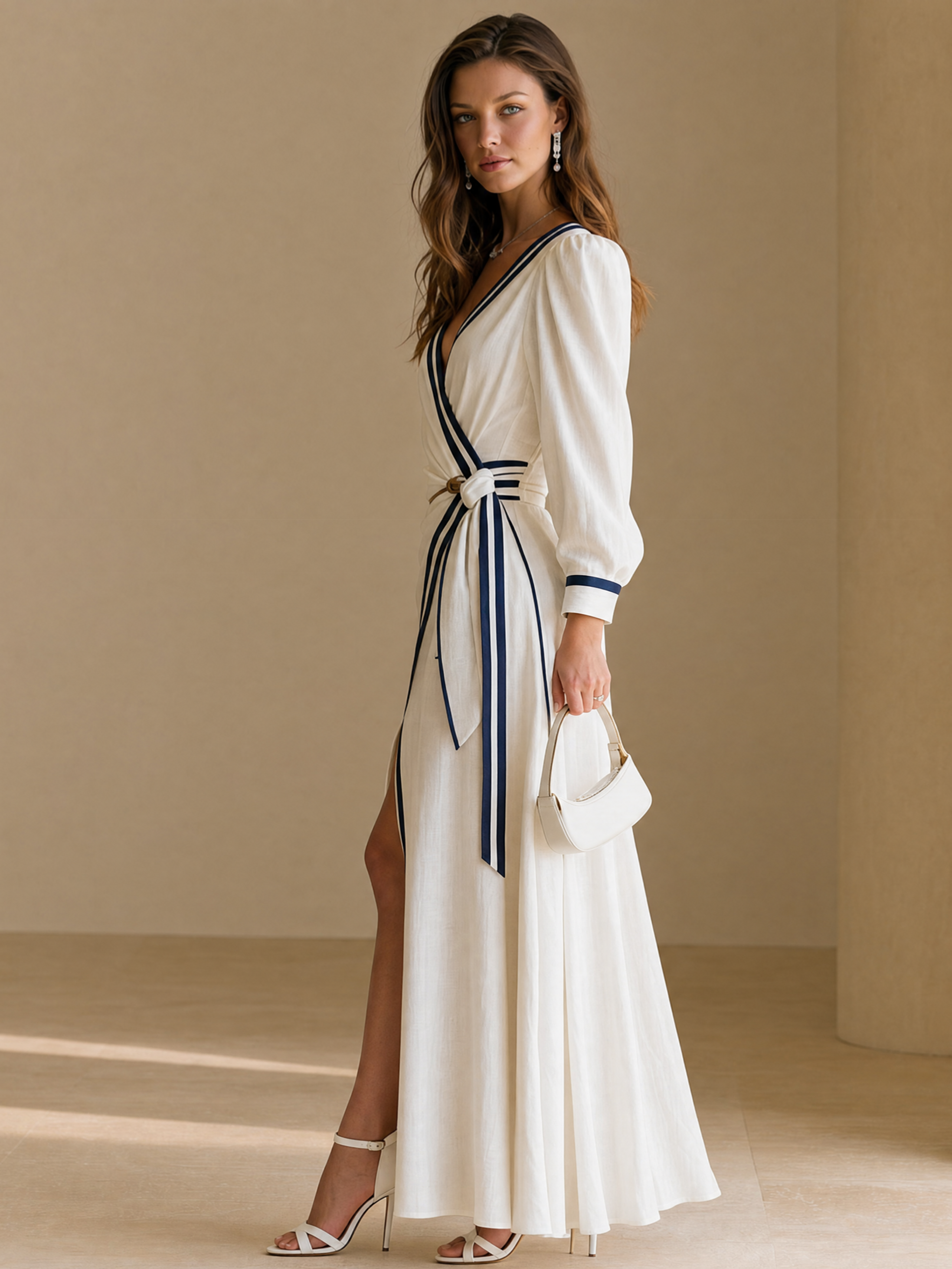 Elegant White Contrast Trim Wrap Linen Blend Maxi Dress