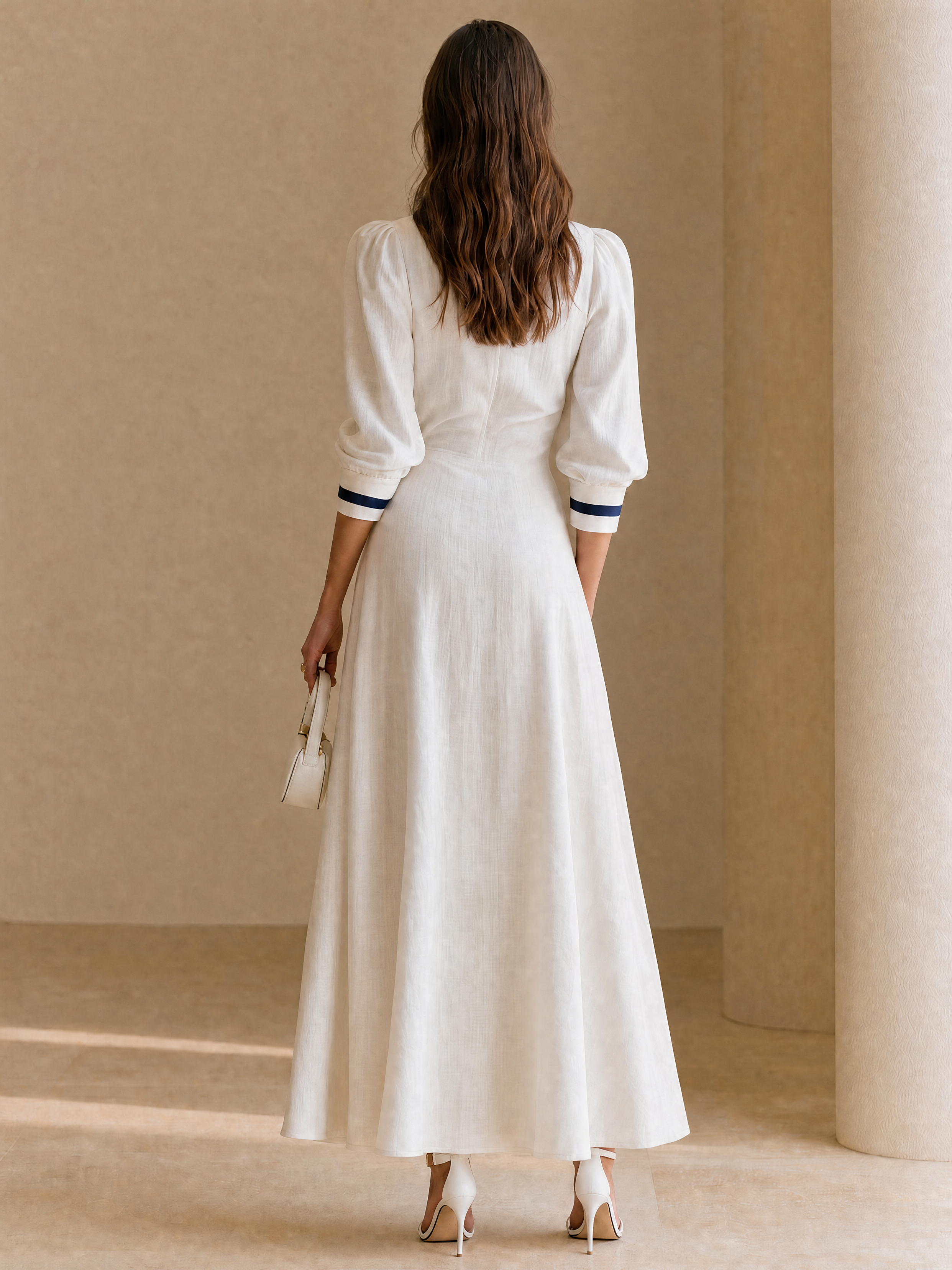 Elegant White Contrast Trim Wrap Linen Blend Maxi Dress