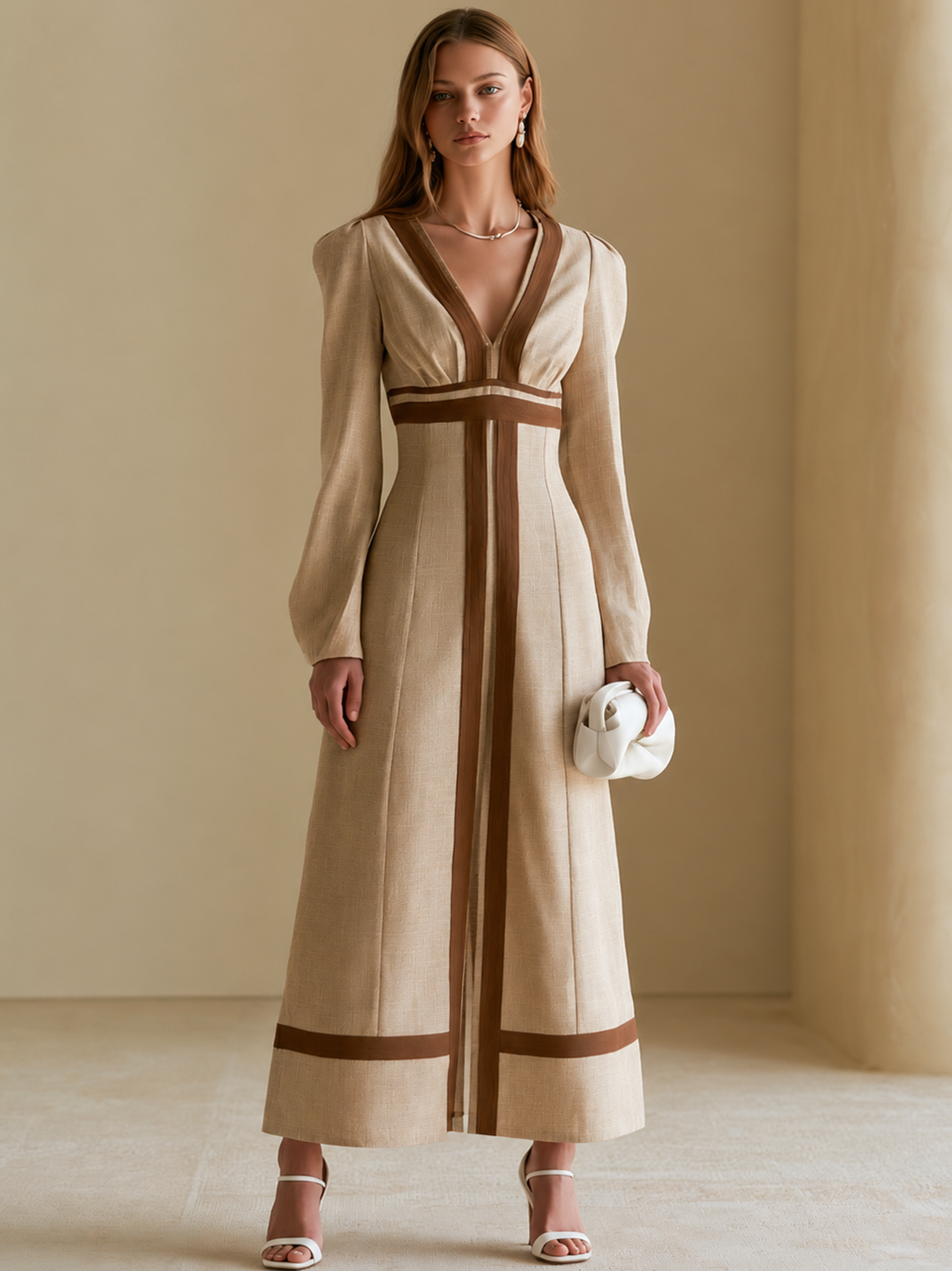 Elegant Khaki Contrast Trim Linen Blend V-Neck Midi Dress